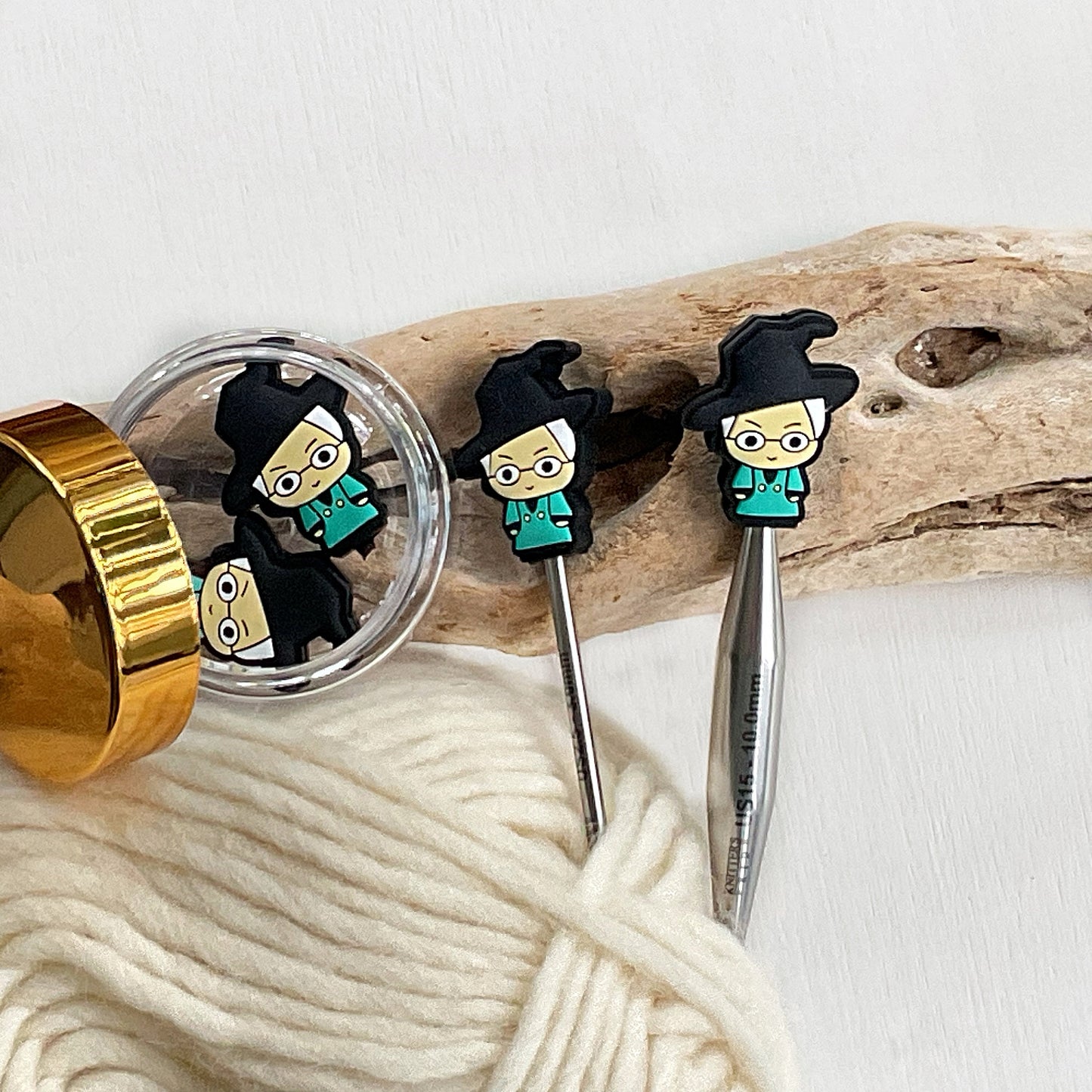 Wizard School Professor M, Wizard Knitting Stitch Stoppers, Wizard Teacher, Set of 2 shaped knitting needle point protectors