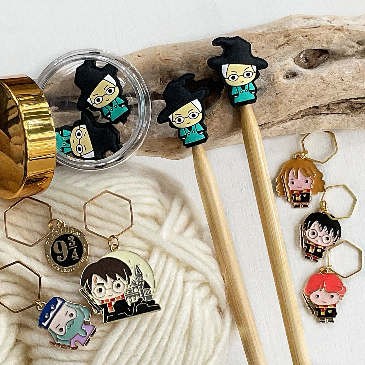 Wizard School Professor M, Wizard Knitting Stitch Stoppers, Wizard Teacher, Set of 2 shaped knitting needle point protectors