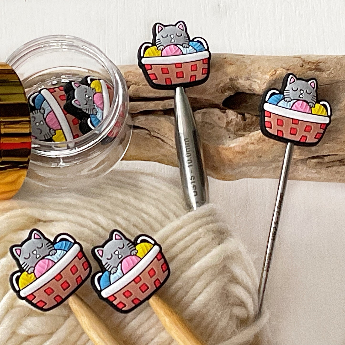 Adorable sleeping grey cat in a yarn basket knitting needle buddy, Set of 2 feline + yarn stitch stoppers, knitting needle point protectors