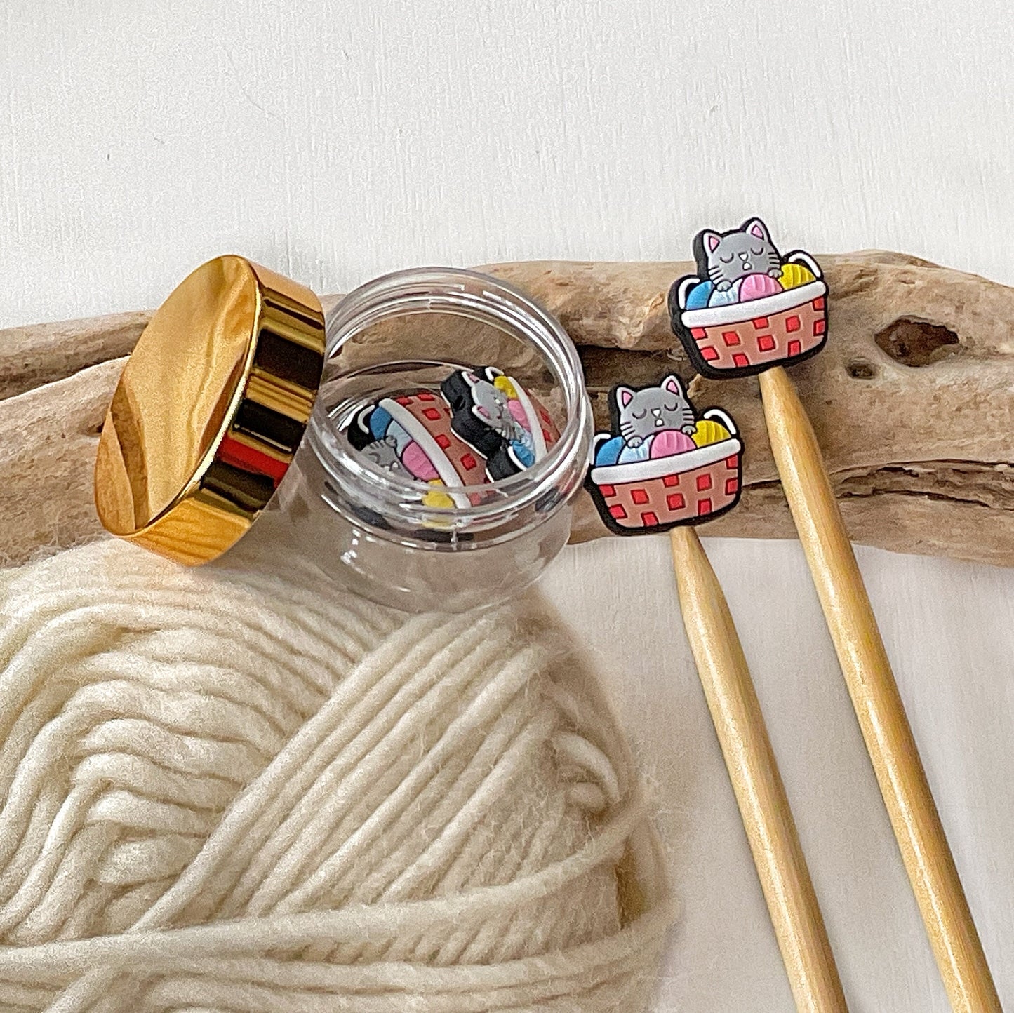 Adorable sleeping grey cat in a yarn basket knitting needle buddy, Set of 2 feline + yarn stitch stoppers, knitting needle point protectors