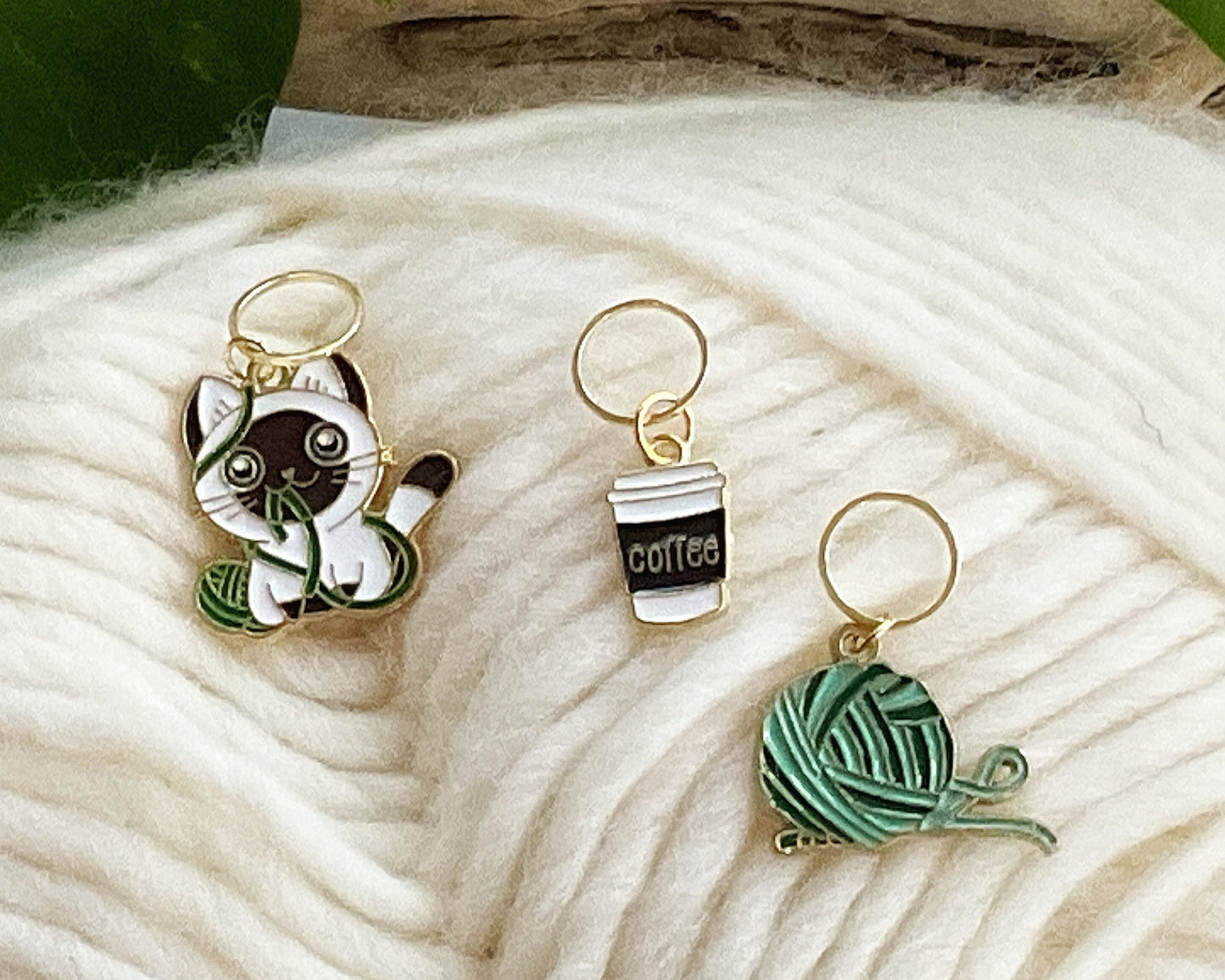 CATS +COFFEE +YARN Stitch Markers Set of 3 adorable enamel fixed or removable markers + storage jar + lid Knit and Crochet markers