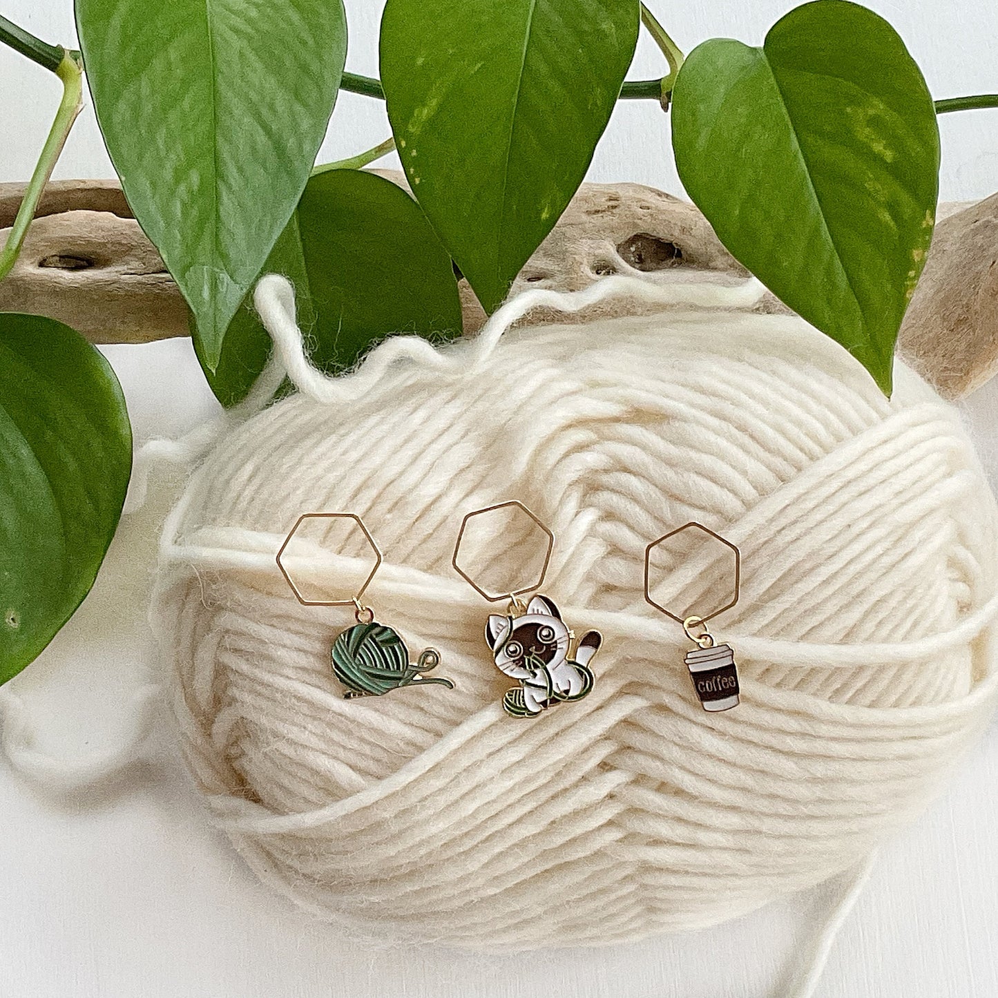 CATS +COFFEE +YARN Stitch Markers Set of 3 adorable enamel fixed or removable markers + storage jar + lid Knit and Crochet markers