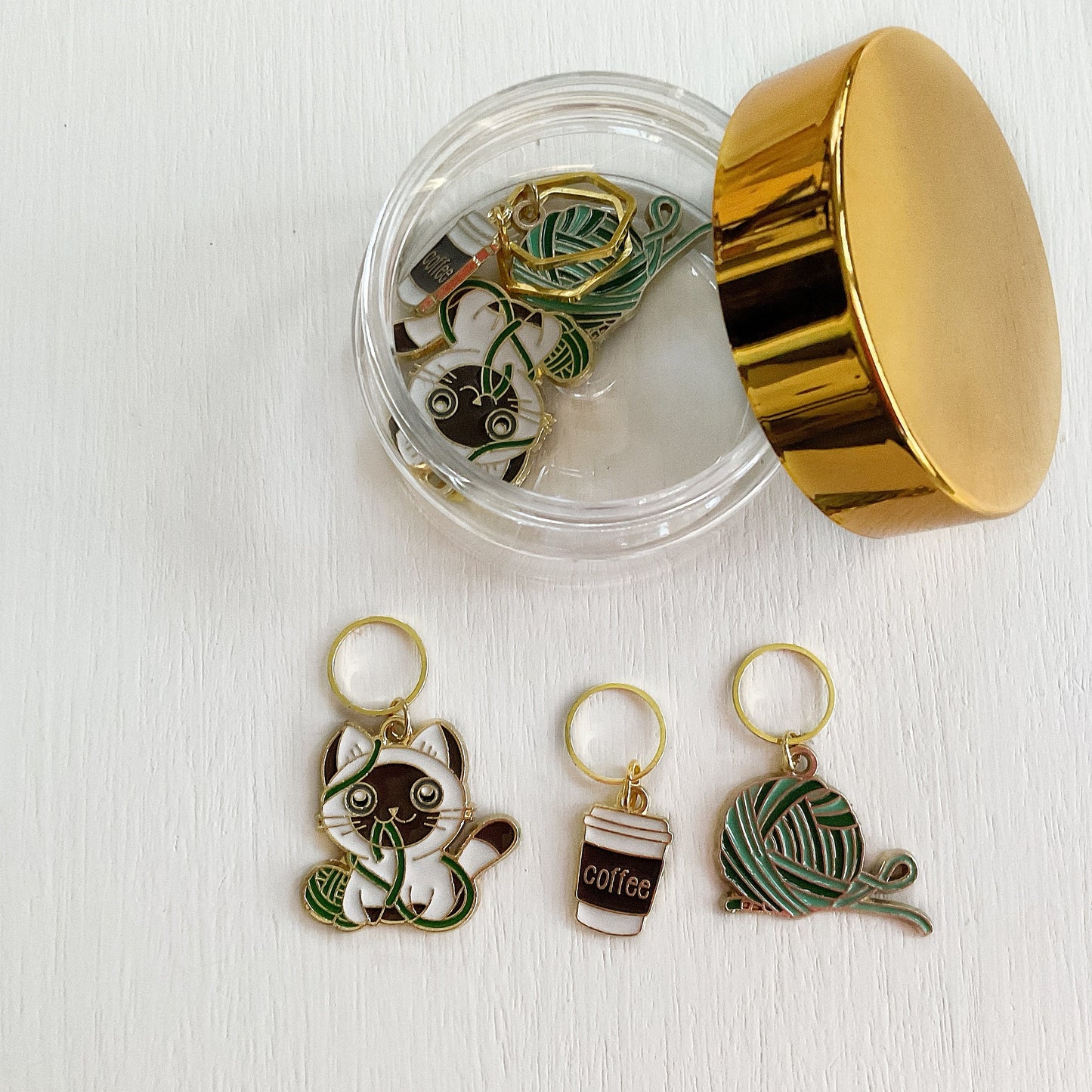 CATS +COFFEE +YARN Stitch Markers Set of 3 adorable enamel fixed or removable markers + storage jar + lid Knit and Crochet markers