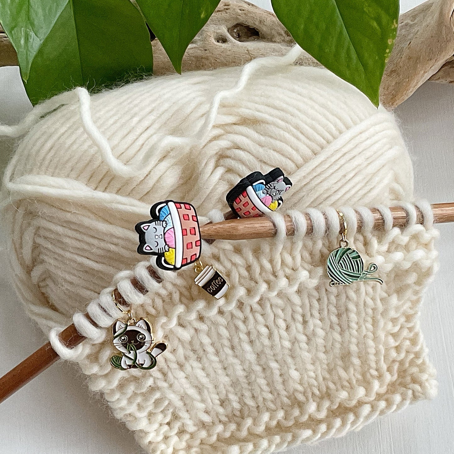 CATS +COFFEE +YARN Stitch Markers Set of 3 adorable enamel fixed or removable markers + storage jar + lid Knit and Crochet markers