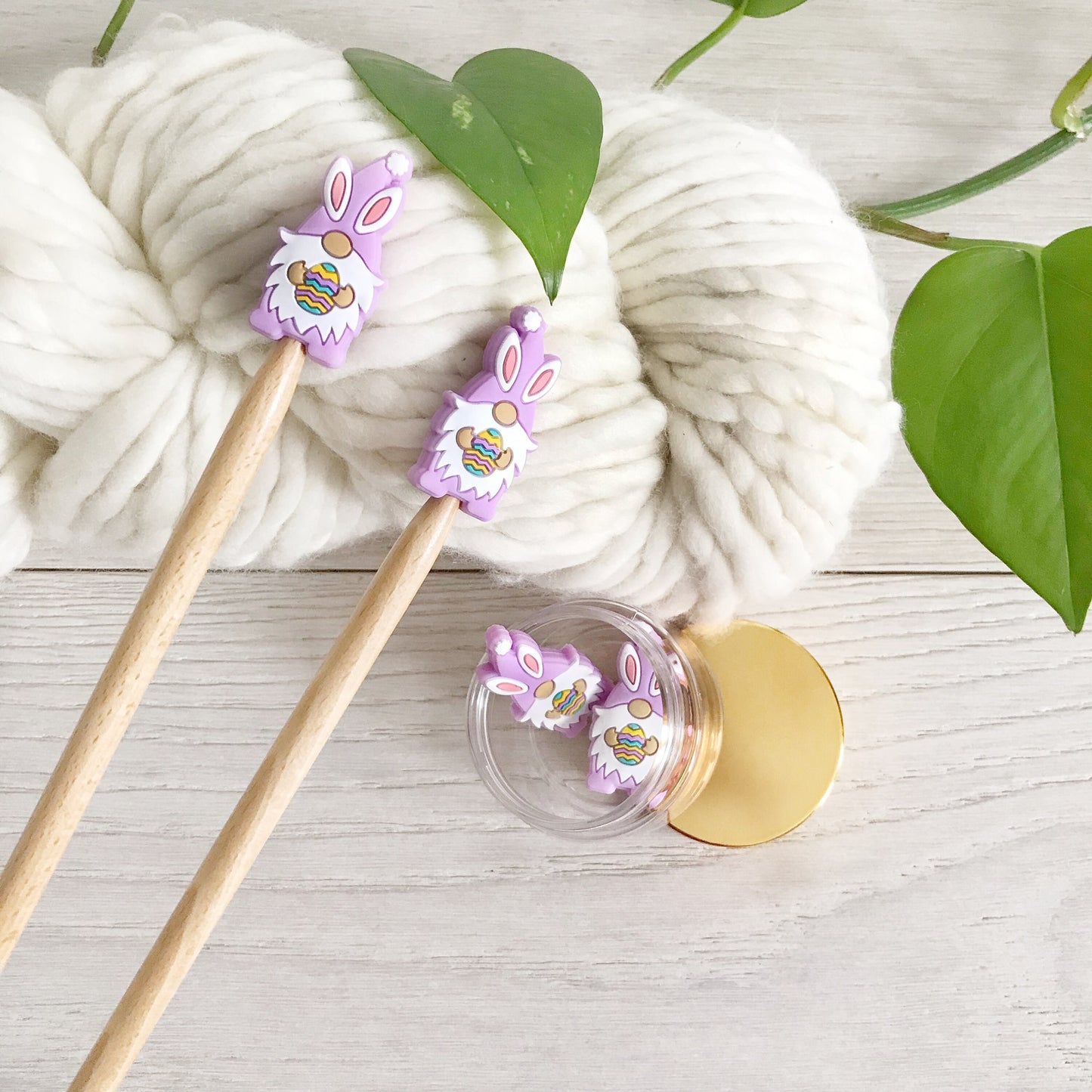 Colorful Easter Bunny Gnomes holding Easter Eggs, knitting needle buddy, Set of 2 Festive stitch stoppers, knitting needle point protectors