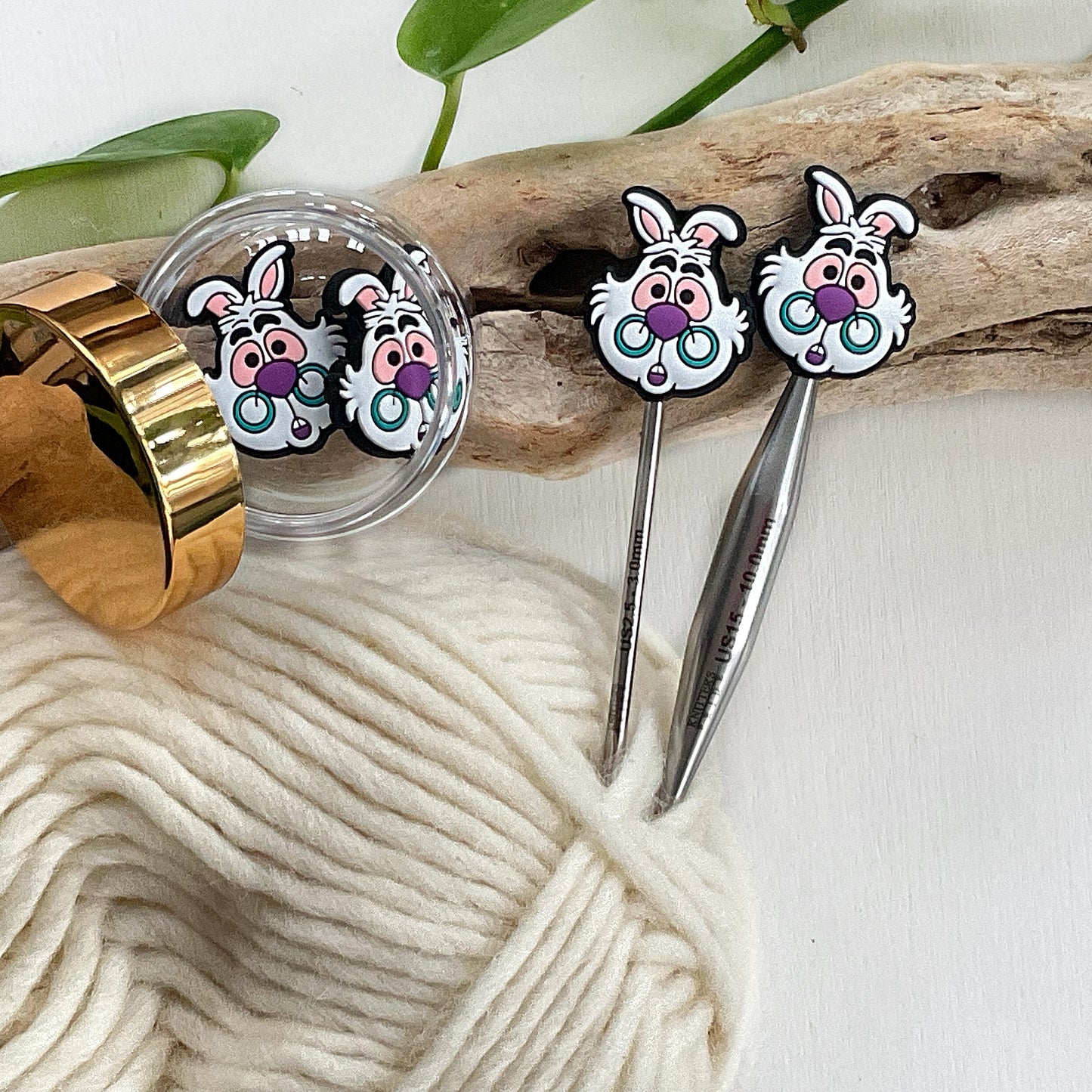 White Rabbit, Wonderland, knitting needle buddy, Set of 2 fairy tale Alice in Wonderland, stitch stoppers knitting needle point protectors