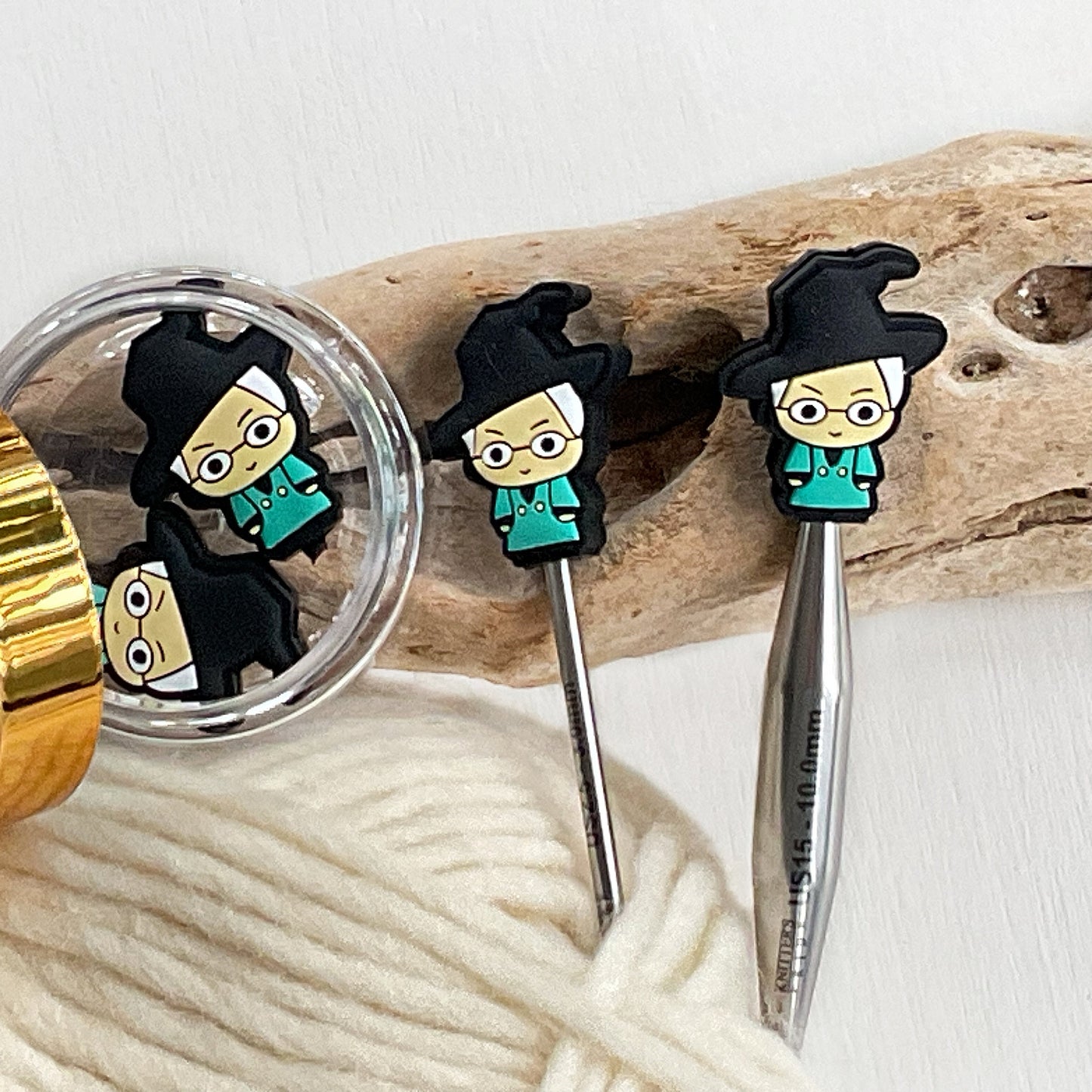 Wizard School Professor M, Wizard Knitting Stitch Stoppers, Wizard Teacher, Set of 2 shaped knitting needle point protectors
