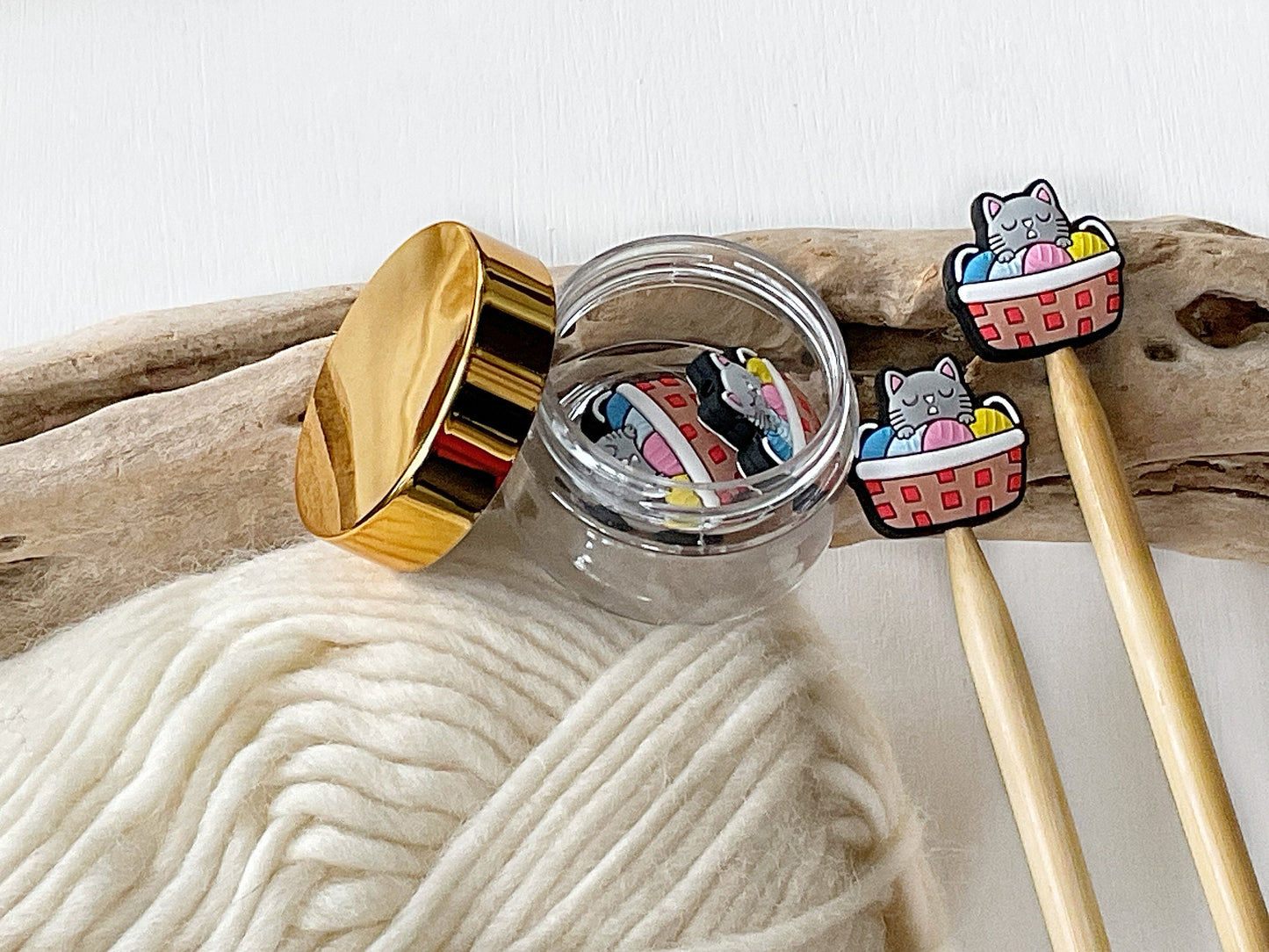 Adorable sleeping grey cat in a yarn basket knitting needle buddy, Set of 2 feline + yarn stitch stoppers, knitting needle point protectors