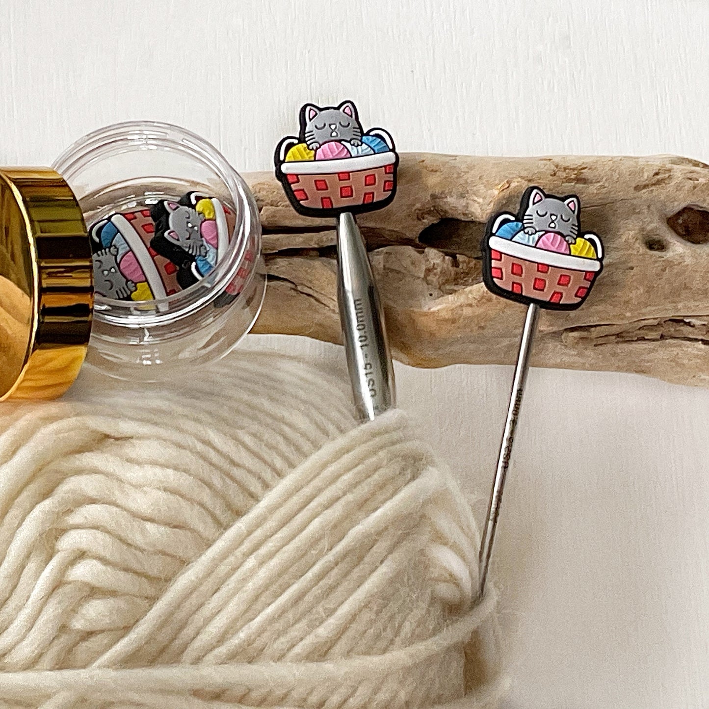 Adorable sleeping grey cat in a yarn basket knitting needle buddy, Set of 2 feline + yarn stitch stoppers, knitting needle point protectors