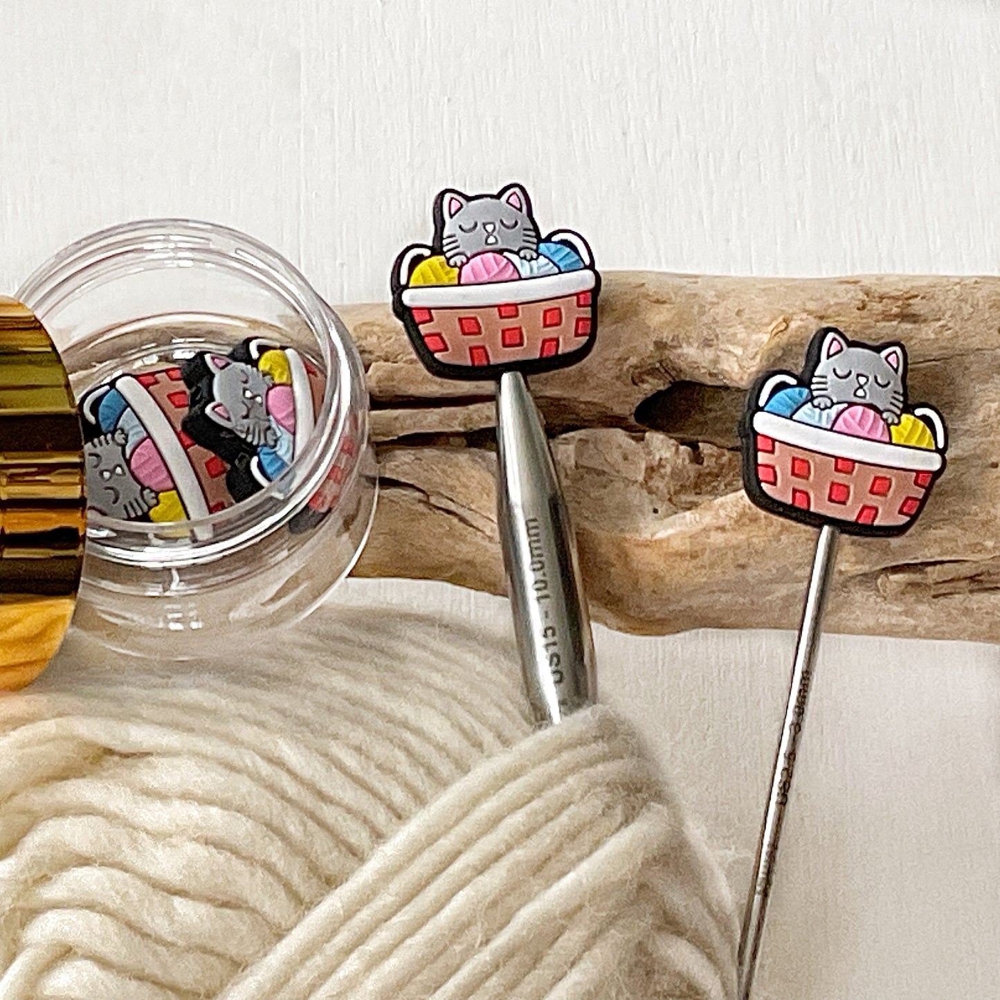 Adorable sleeping grey cat in a yarn basket knitting needle buddy, Set of 2 feline + yarn stitch stoppers, knitting needle point protectors