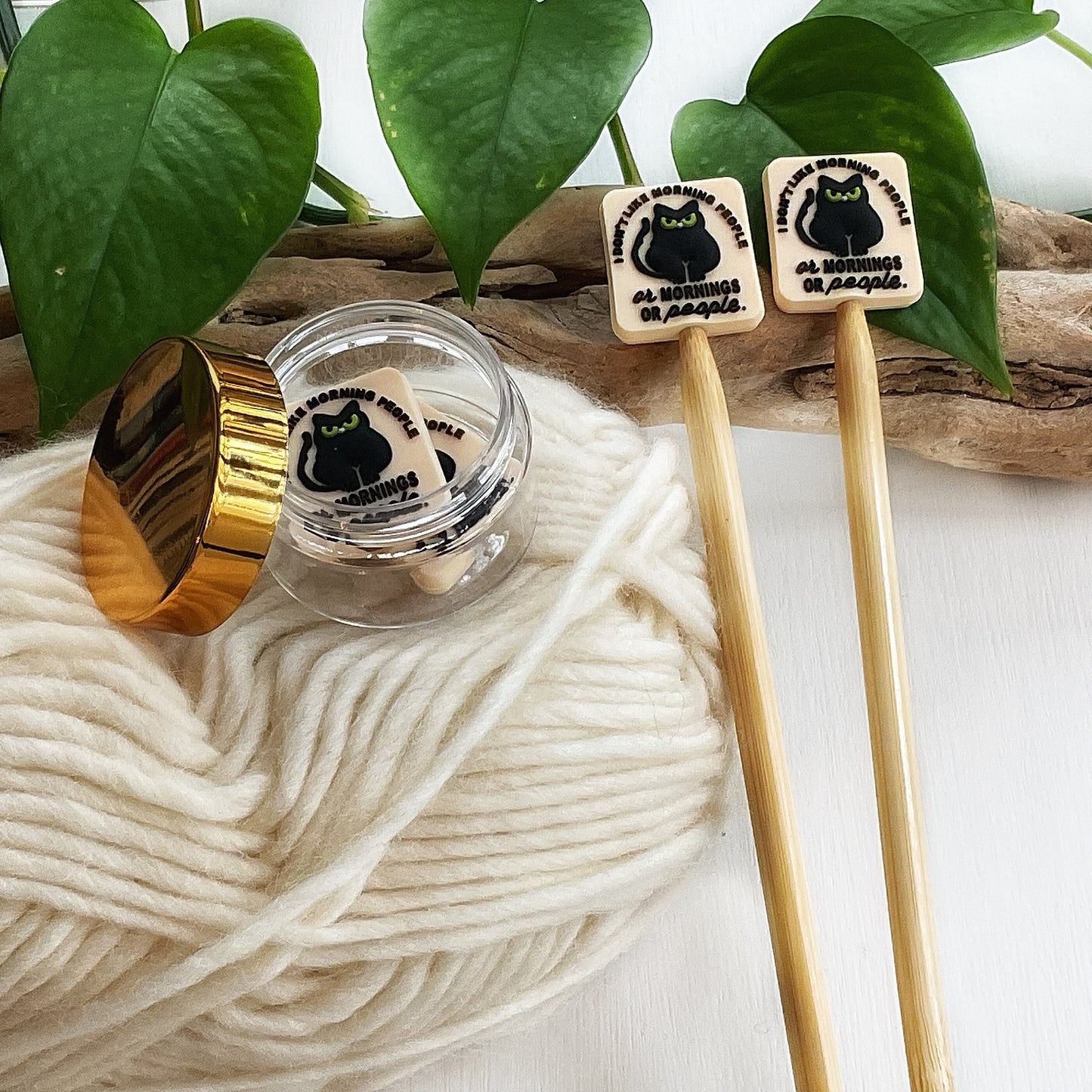 BLACK CAT Stitch STOPPERS, set of 2 cat pun fun, I dont like morning people or mornings or people, Fun for Knitters or crocheters