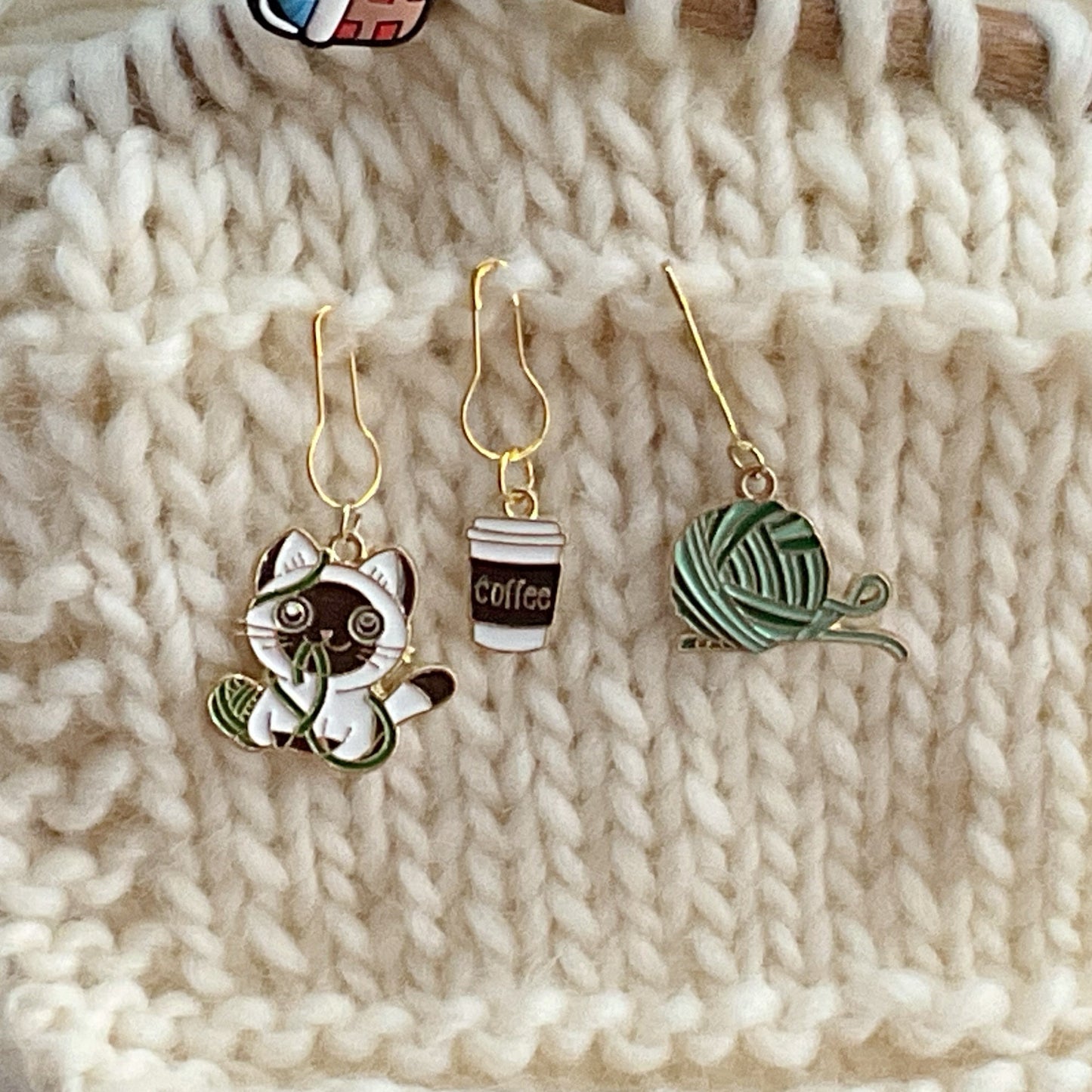 CATS +COFFEE +YARN Stitch Markers Set of 3 adorable enamel fixed or removable markers + storage jar + lid Knit and Crochet markers