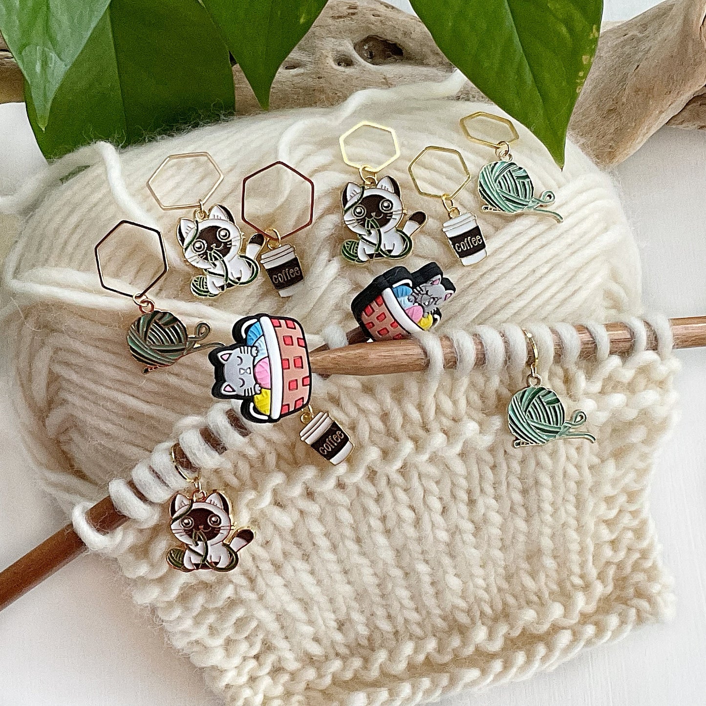 CATS +COFFEE +YARN Stitch Markers Set of 3 adorable enamel fixed or removable markers + storage jar + lid Knit and Crochet markers