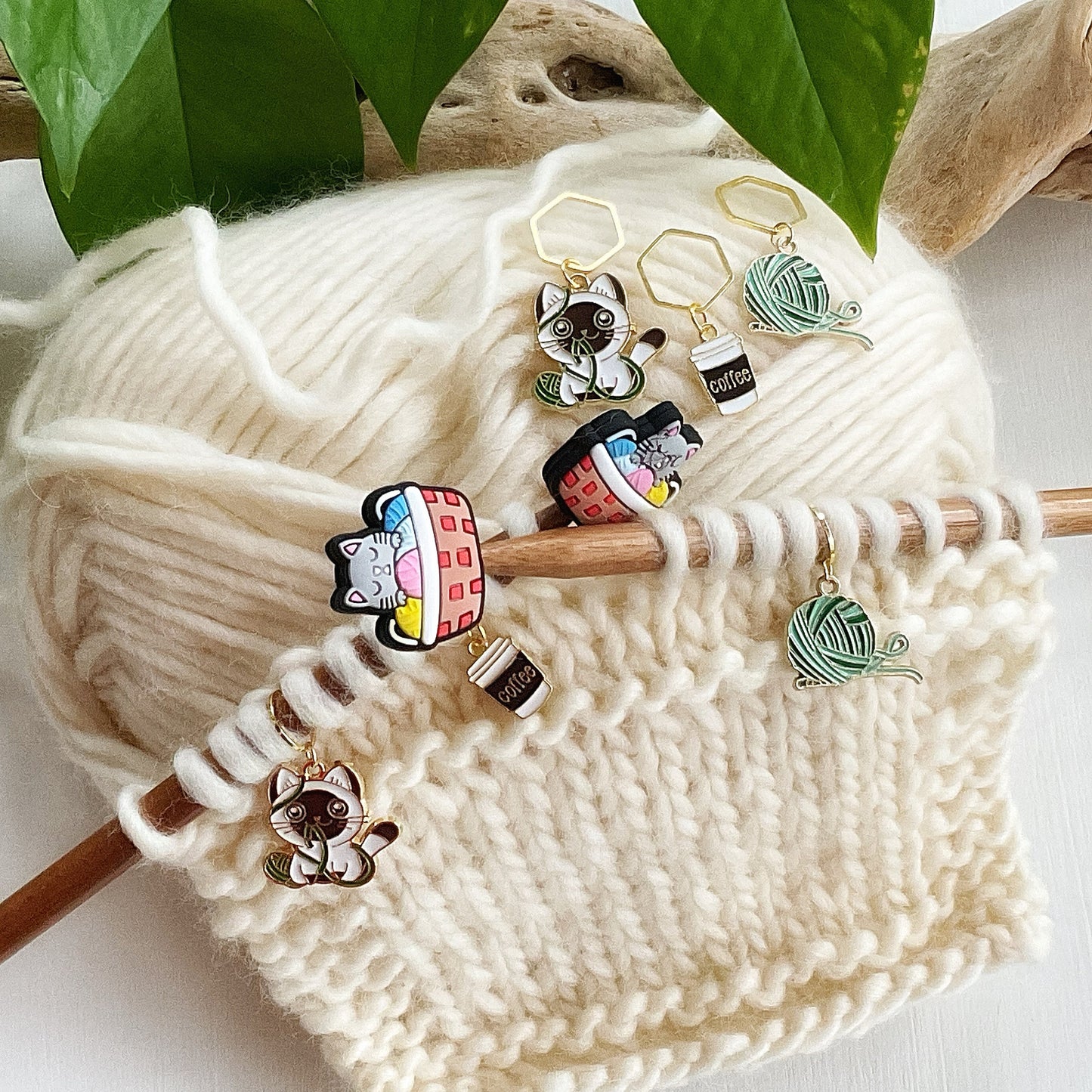CATS +COFFEE +YARN Stitch Markers Set of 3 adorable enamel fixed or removable markers + storage jar + lid Knit and Crochet markers