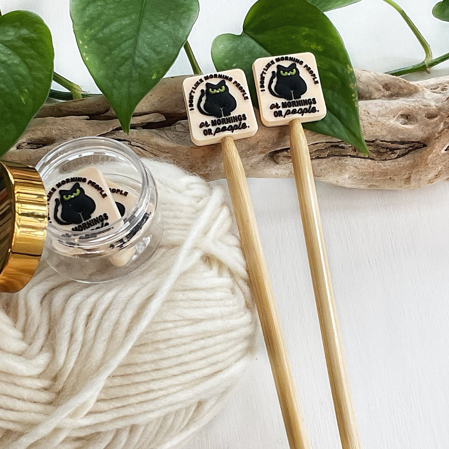BLACK CAT Stitch STOPPERS, set of 2 cat pun fun, I dont like morning people or mornings or people, Fun for Knitters or crocheters