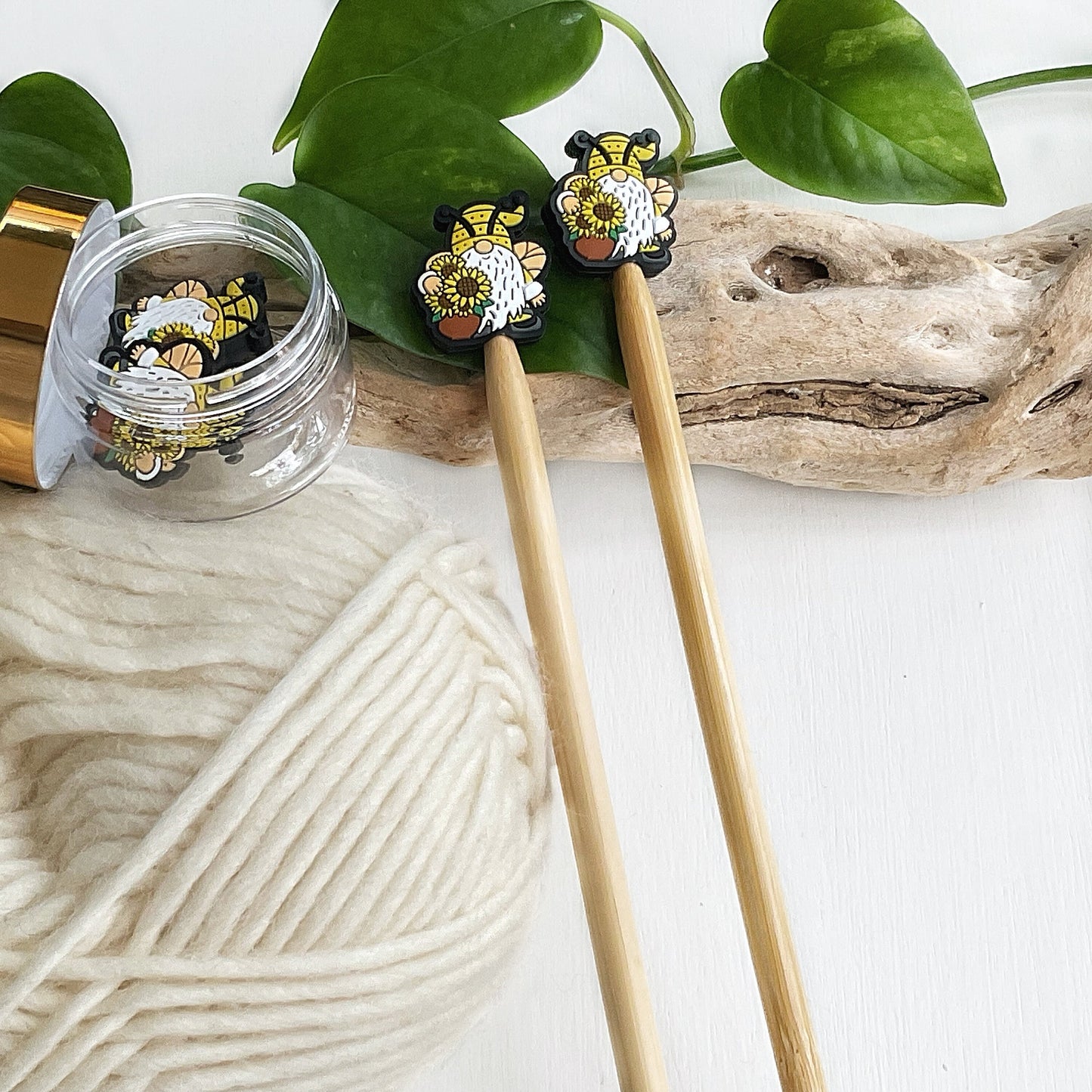 HONEYBEE GNOMES + SUNFLOWERS, set of 2 knitting needle stitch stoppers, crochet hook accessories, Fun for Knitters and crocheters, Bee elf