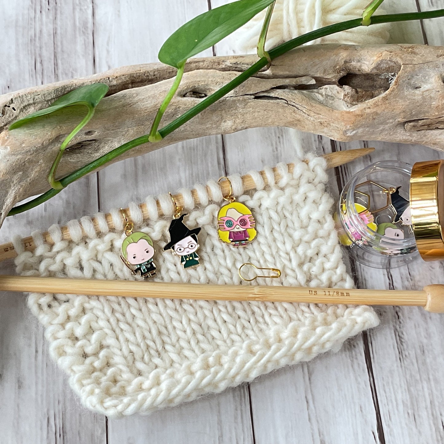 WITCH and WIZARD School Professor and students knit + crochet stitch markers + storage jar w/lid + 1 free additional surprise stitch marker