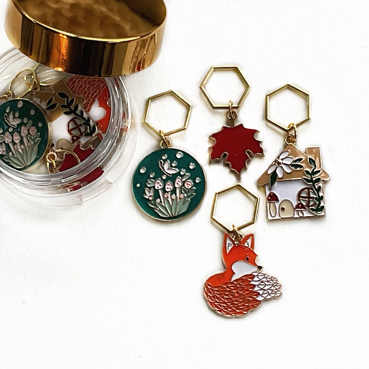 FOREST THEMED set of 4 knit + crochet stitch markers flower and mushroom house, disc, fox + leaf, AUTUMN enamel markers + storage jar w/ lid