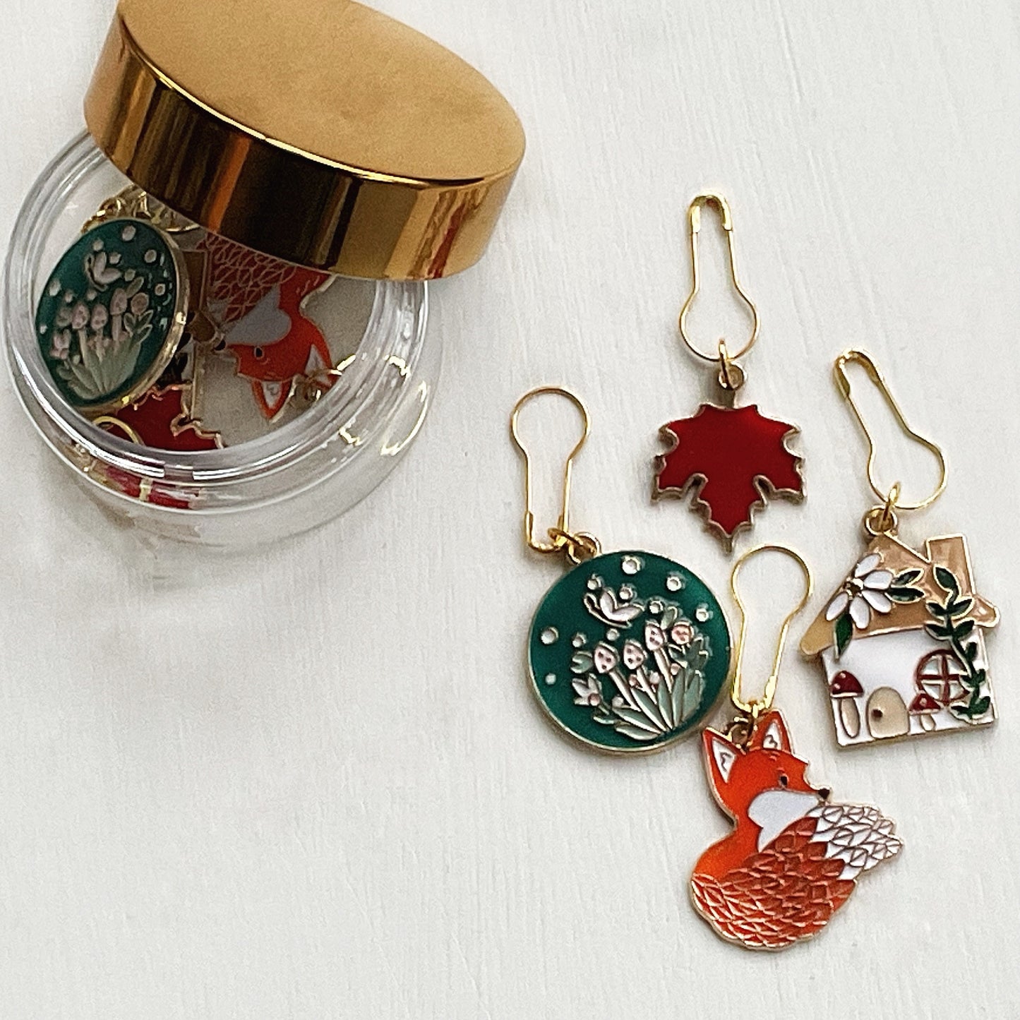FOREST THEMED set of 4 knit + crochet stitch markers flower and mushroom house, disc, fox + leaf, AUTUMN enamel markers + storage jar w/ lid