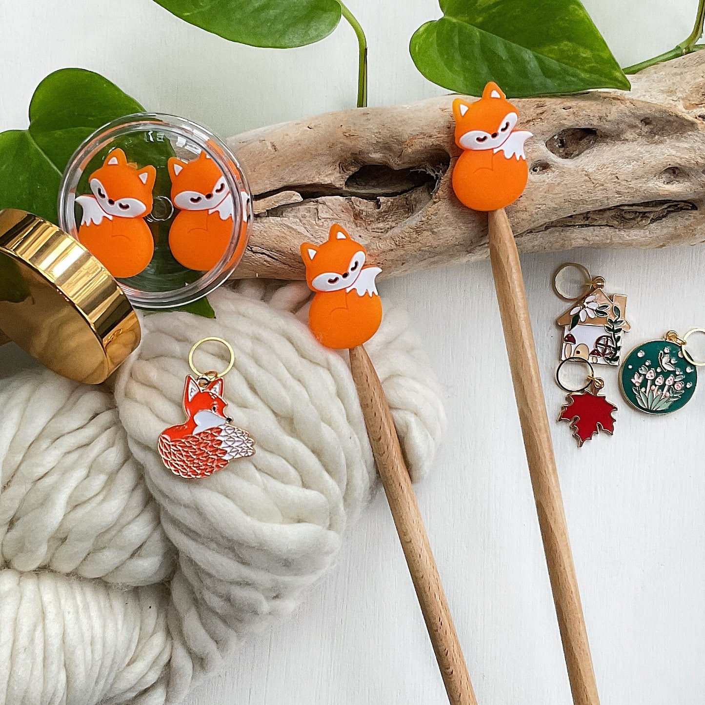 FOREST THEMED set of 4 knit + crochet stitch markers flower and mushroom house, disc, fox + leaf, AUTUMN enamel markers + storage jar w/ lid