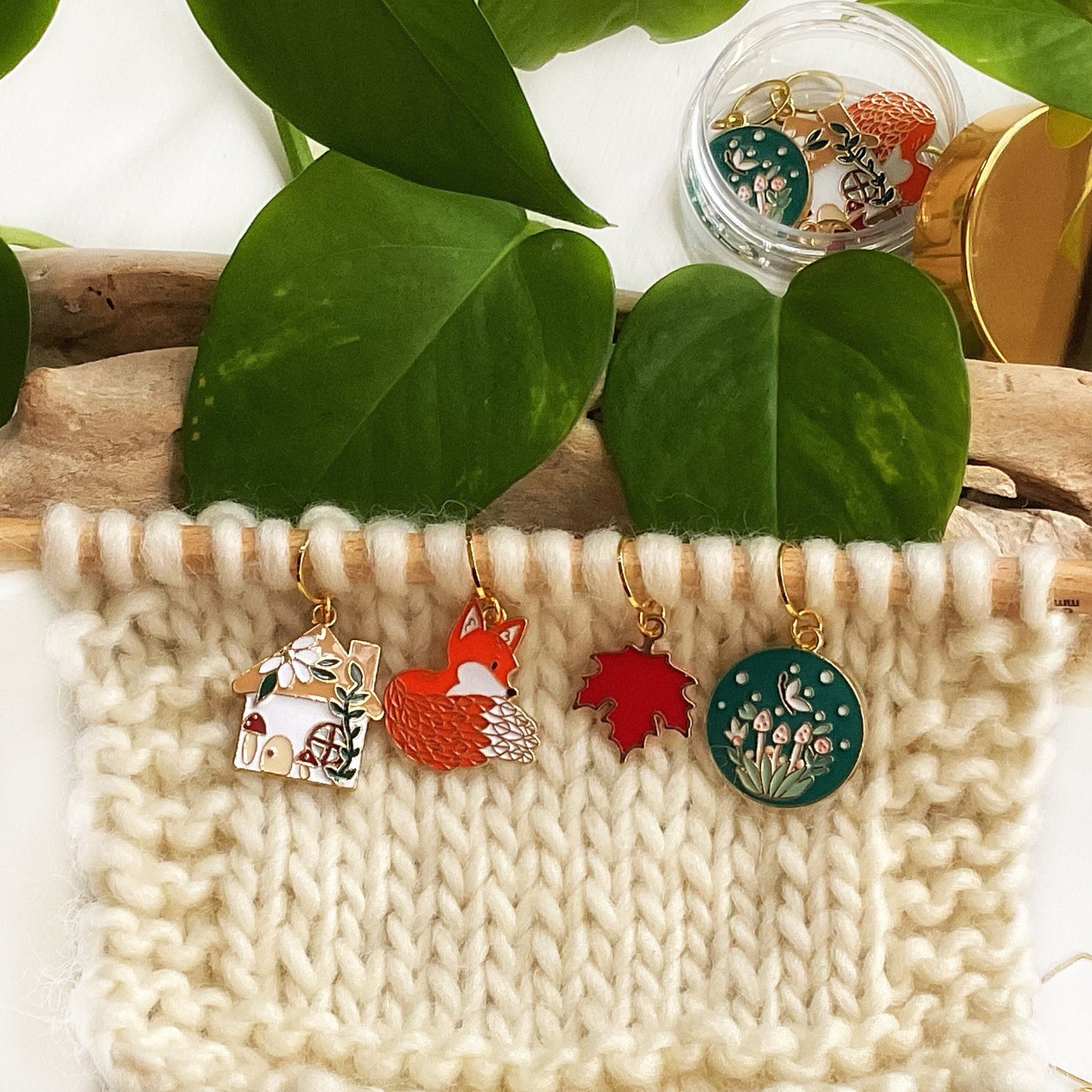 FOREST THEMED set of 4 knit + crochet stitch markers flower and mushroom house, disc, fox + leaf, AUTUMN enamel markers + storage jar w/ lid