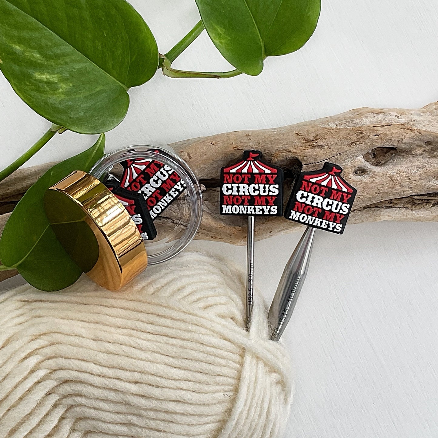 NOT My CIRCUS, Not My MONKEYS stitch stoppers, Set of 2 Pun Intended knitting needle point protectors, save your stitches, love your hooks