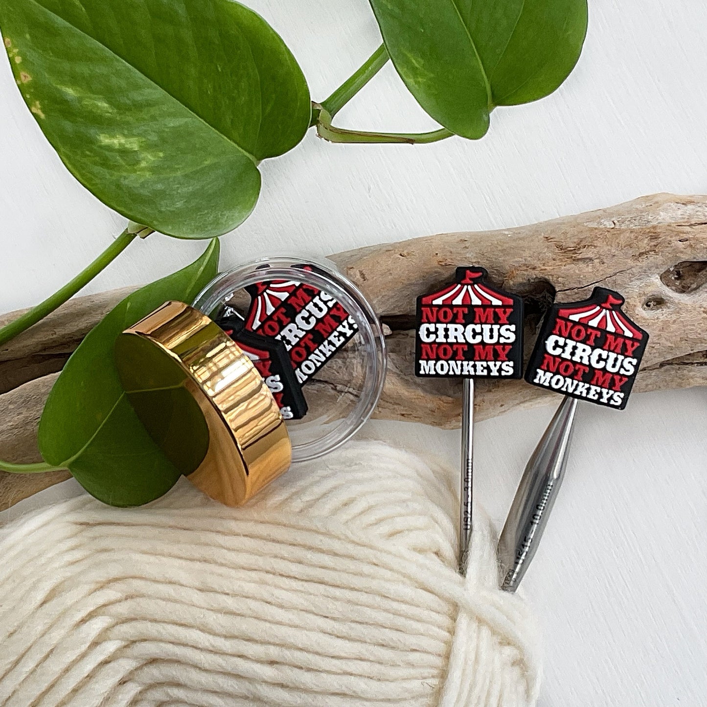 NOT My CIRCUS, Not My MONKEYS stitch stoppers, Set of 2 Pun Intended knitting needle point protectors, save your stitches, love your hooks