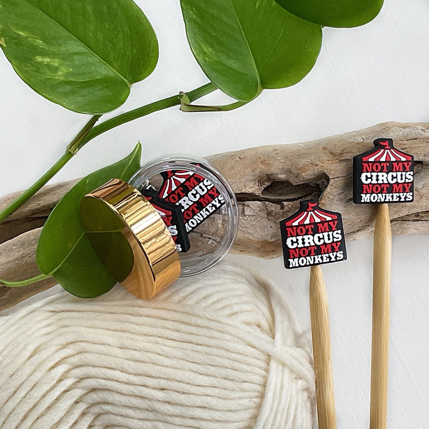 NOT My CIRCUS, Not My MONKEYS stitch stoppers, Set of 2 Pun Intended knitting needle point protectors, save your stitches, love your hooks
