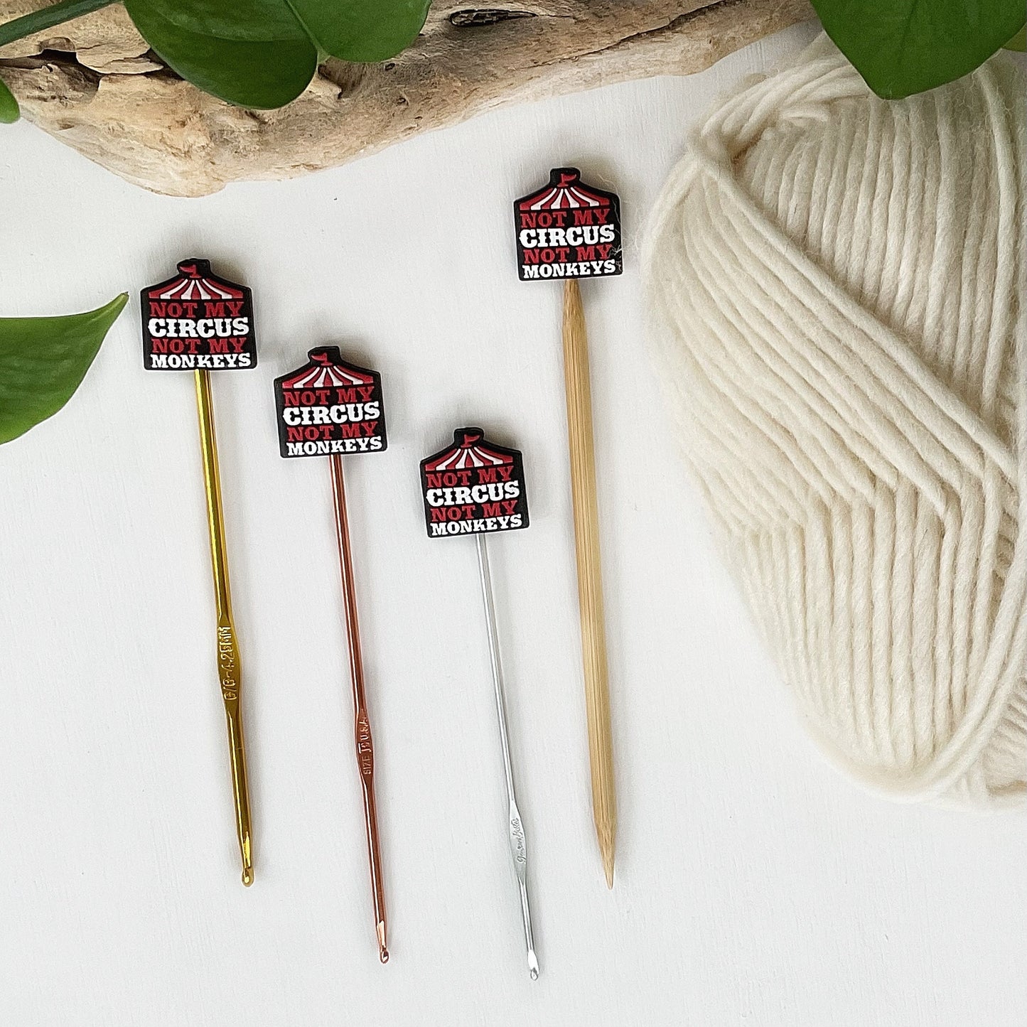 NOT My CIRCUS, Not My MONKEYS stitch stoppers, Set of 2 Pun Intended knitting needle point protectors, save your stitches, love your hooks