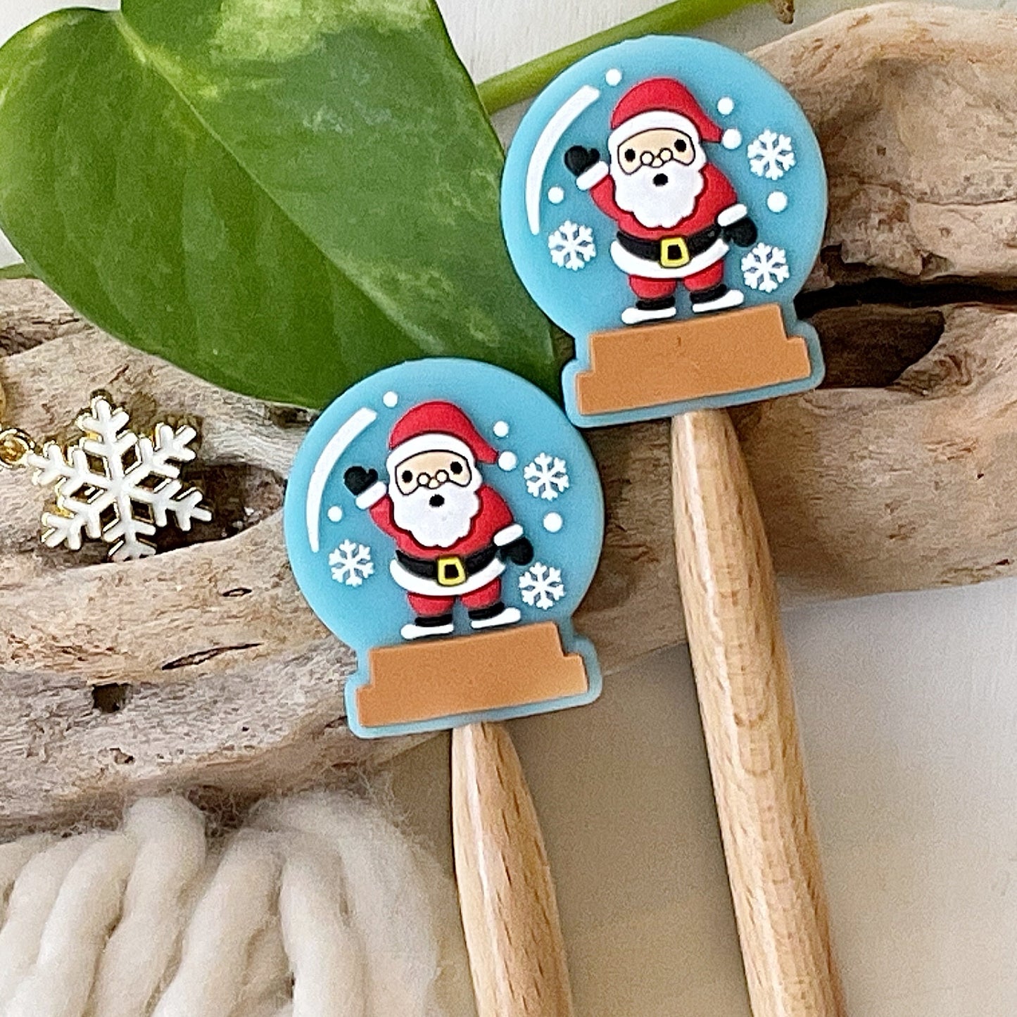 HAPPY SANTA SNOWGLOBE, Festive set of 2 stitch stoppers, knitting needle point protectors Celebrate Winter Holidays