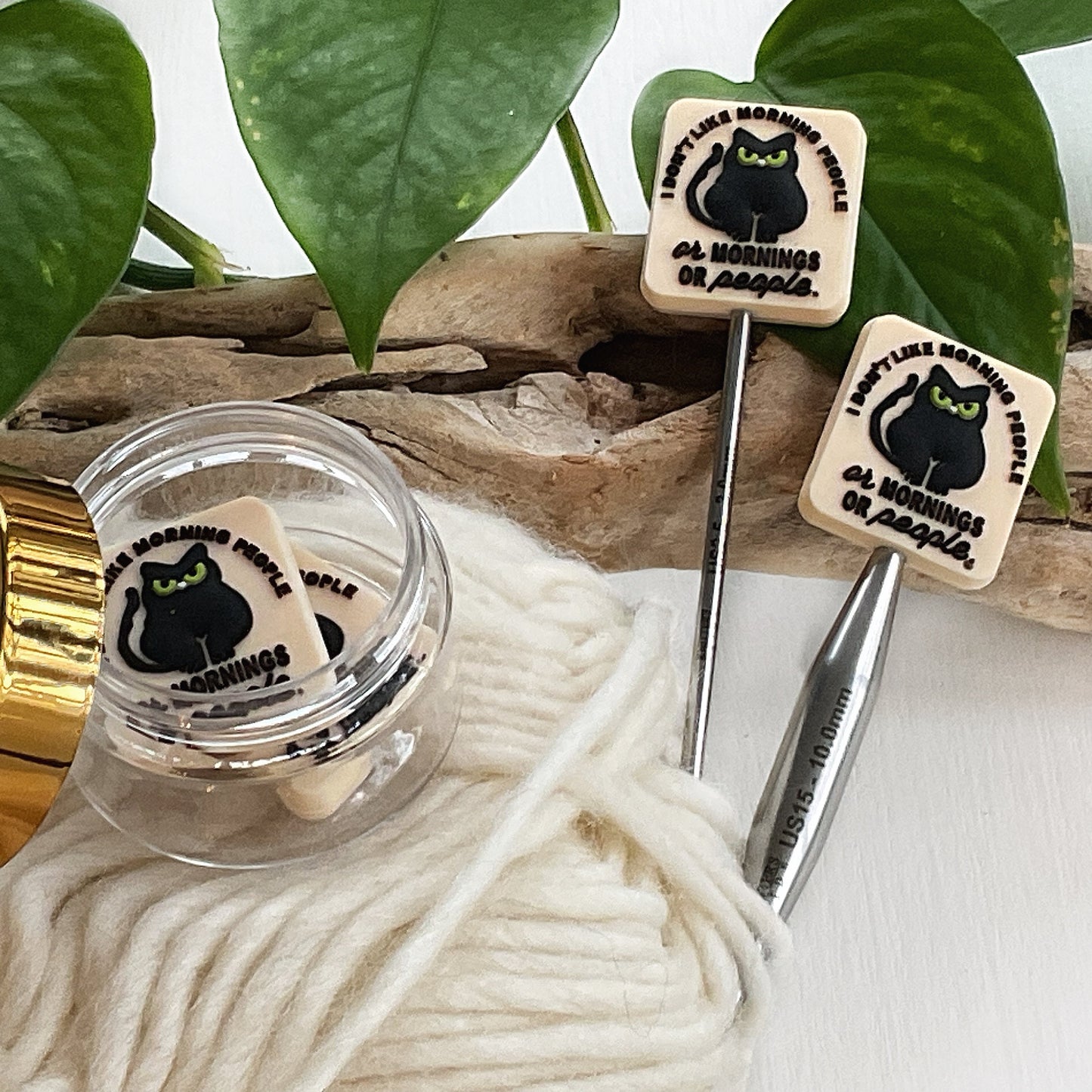 BLACK CAT Stitch STOPPERS, set of 2 cat pun fun, I dont like morning people or mornings or people, Fun for Knitters or crocheters