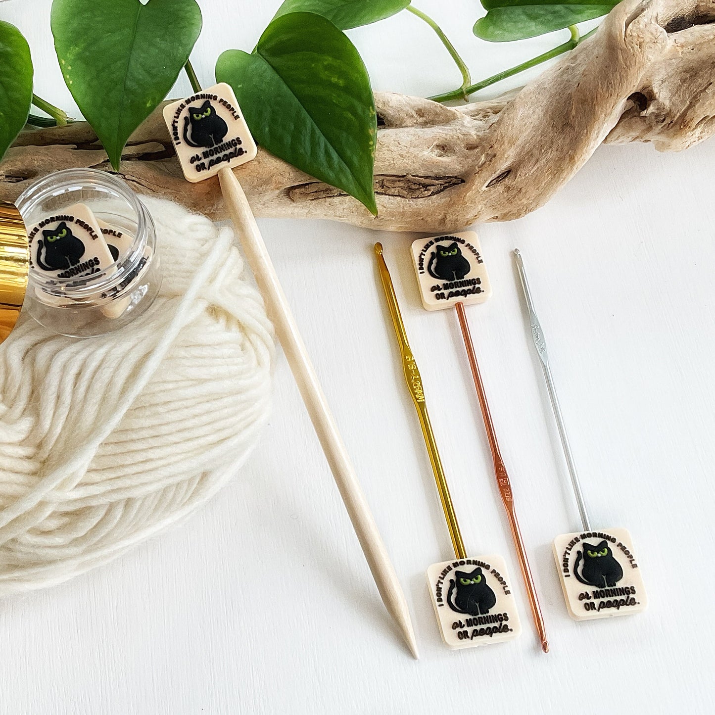 BLACK CAT Stitch STOPPERS, set of 2 cat pun fun, I dont like morning people or mornings or people, Fun for Knitters or crocheters