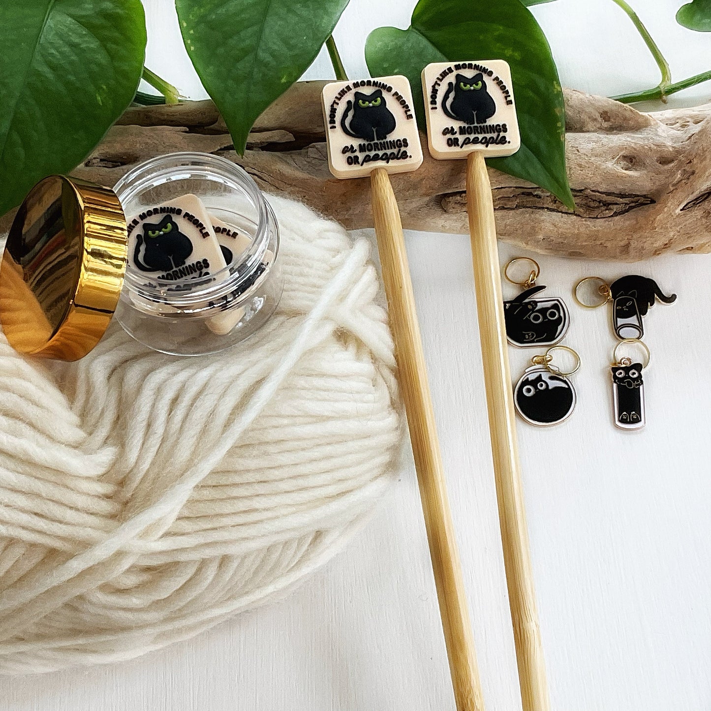 BLACK CAT Stitch STOPPERS, set of 2 cat pun fun, I dont like morning people or mornings or people, Fun for Knitters or crocheters