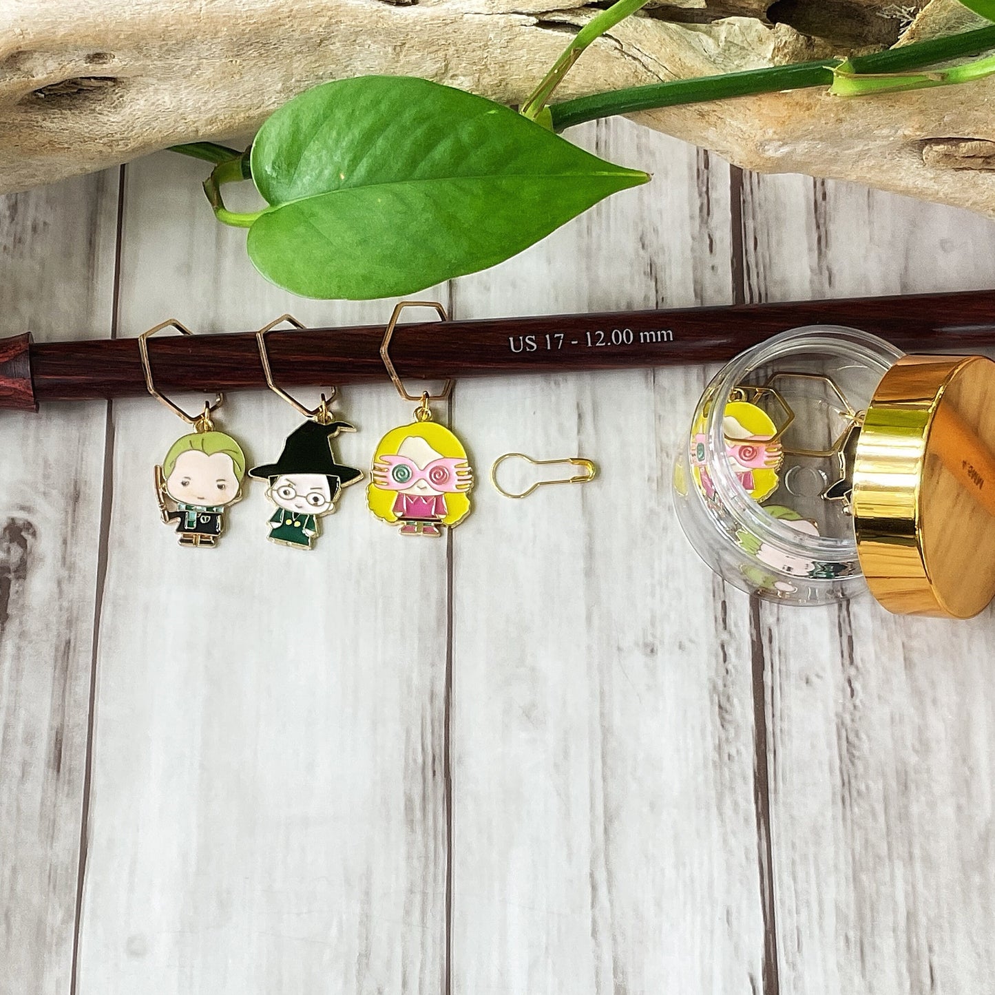 WITCH and WIZARD School Professor and students knit + crochet stitch markers + storage jar w/lid + 1 free additional surprise stitch marker
