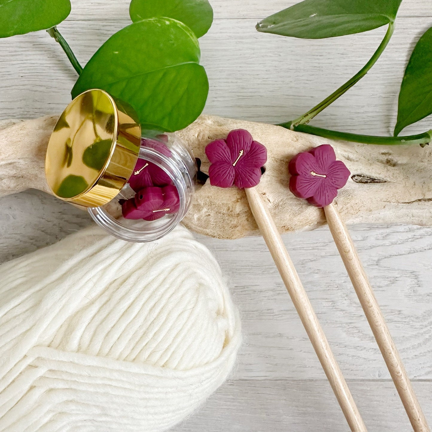 HIBISCUS BLOOM/ FLOWER, set of 2 knitting needle stitch stoppers, crochet hook accessory, For Knitters + crocheters, choose Burgundy or Pink