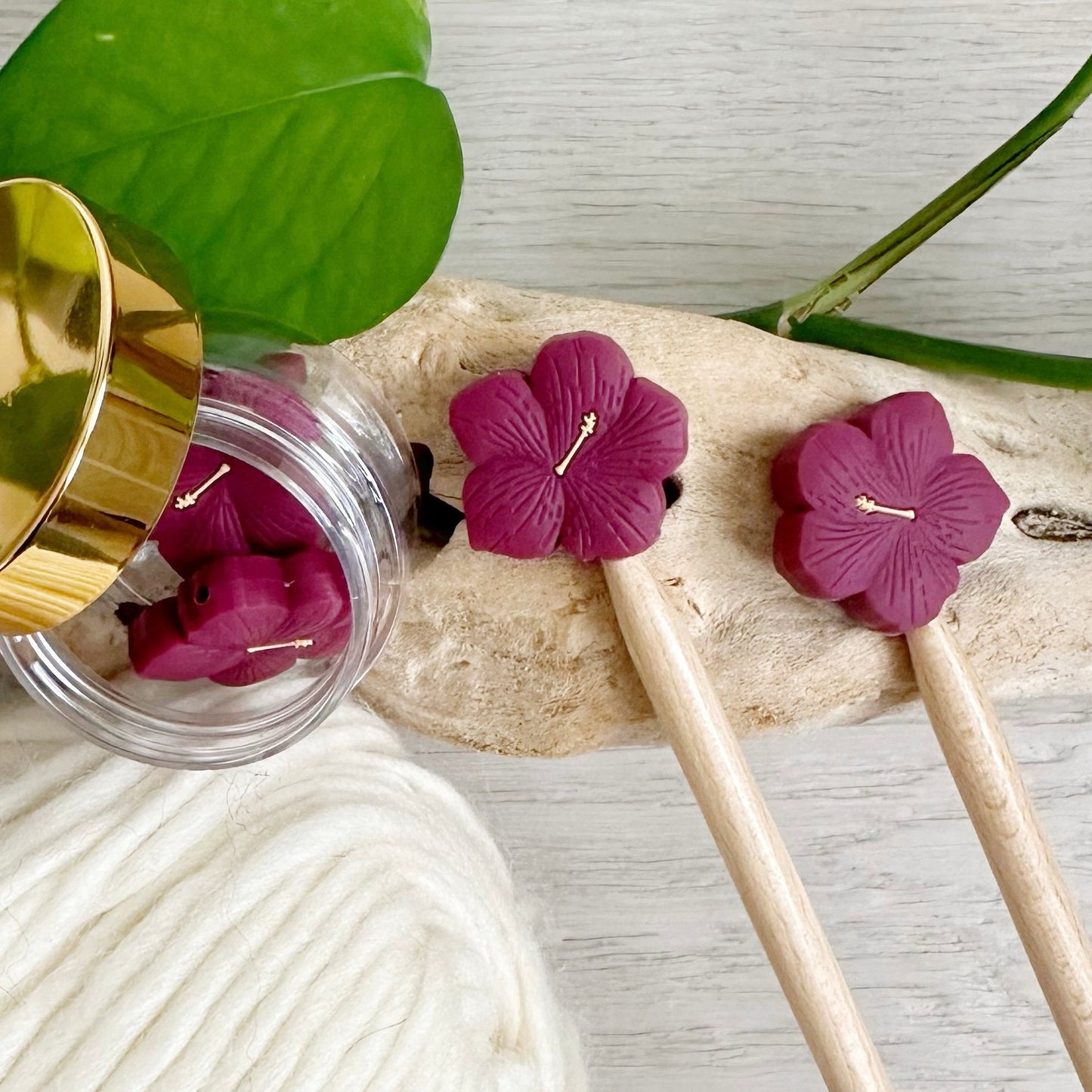HIBISCUS BLOOM/ FLOWER, set of 2 knitting needle stitch stoppers, crochet hook accessory, For Knitters + crocheters, choose Burgundy or Pink