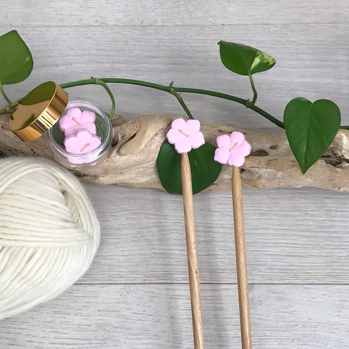 HIBISCUS BLOOM/ FLOWER, set of 2 knitting needle stitch stoppers, crochet hook accessory, For Knitters + crocheters, choose Burgundy or Pink