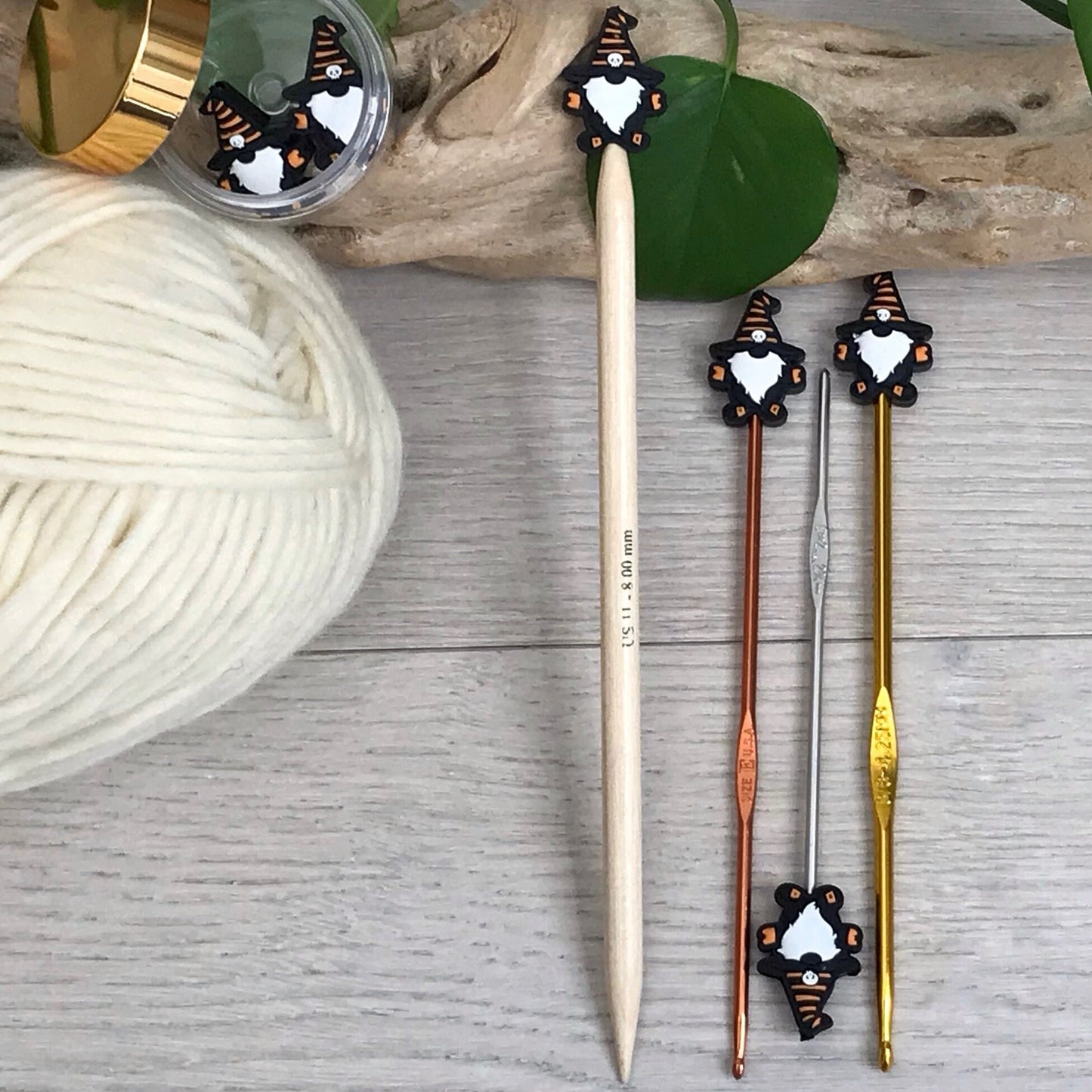 HALLOWEEN SKULL GNOME, set of 2 knitting needle stitch stoppers/ crochet hook accessory, For knitter + crocheter, Scary Gnome