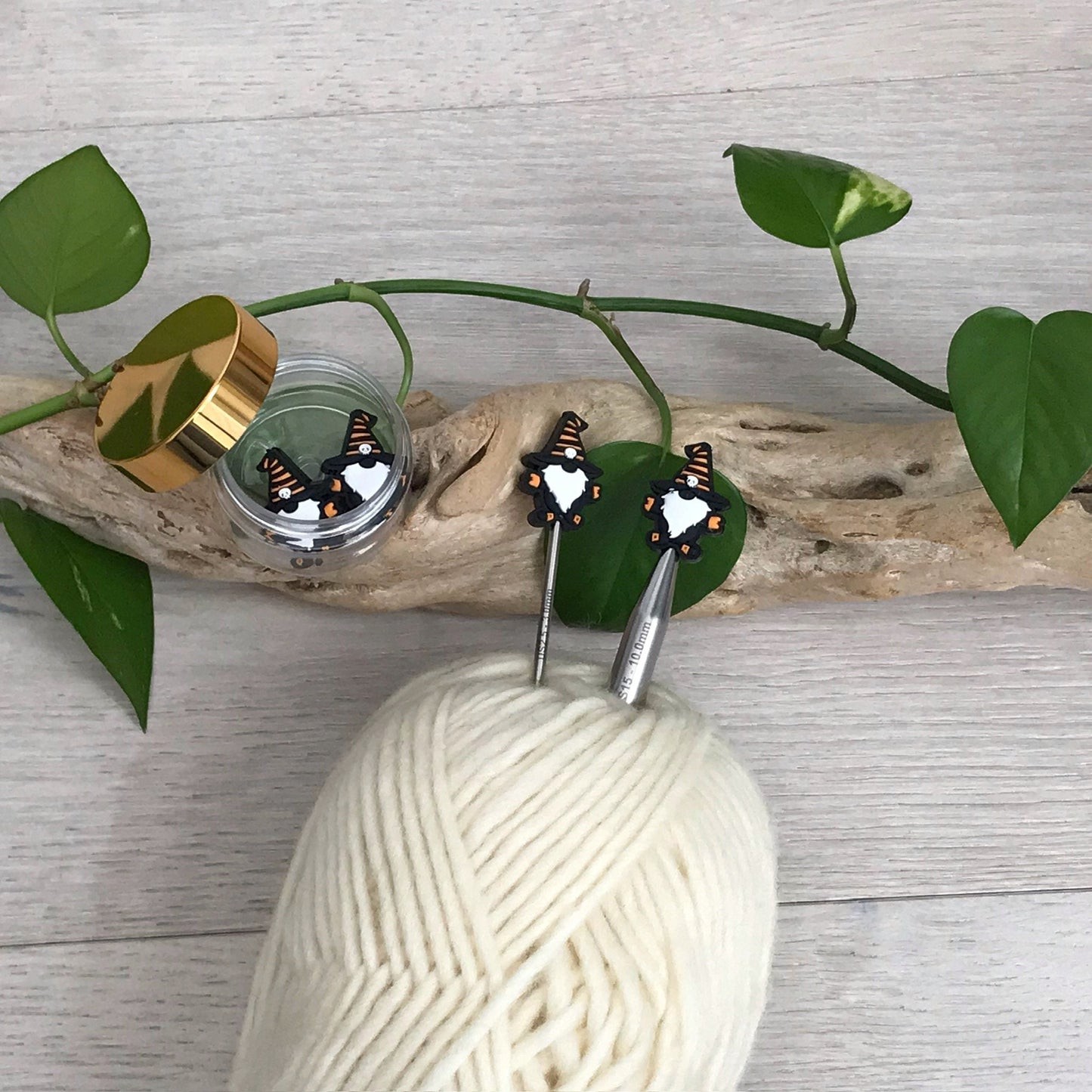 HALLOWEEN SKULL GNOME, set of 2 knitting needle stitch stoppers/ crochet hook accessory, For knitter + crocheter, Scary Gnome