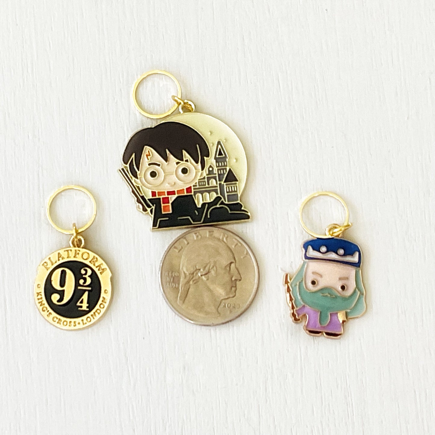 WIZARD STUDENT, PROFESSOR D + Platform 9 3/4 set of 3 Knit + Crochet markers + storage jar w/ lid + 1 additional free surprise stitch marker