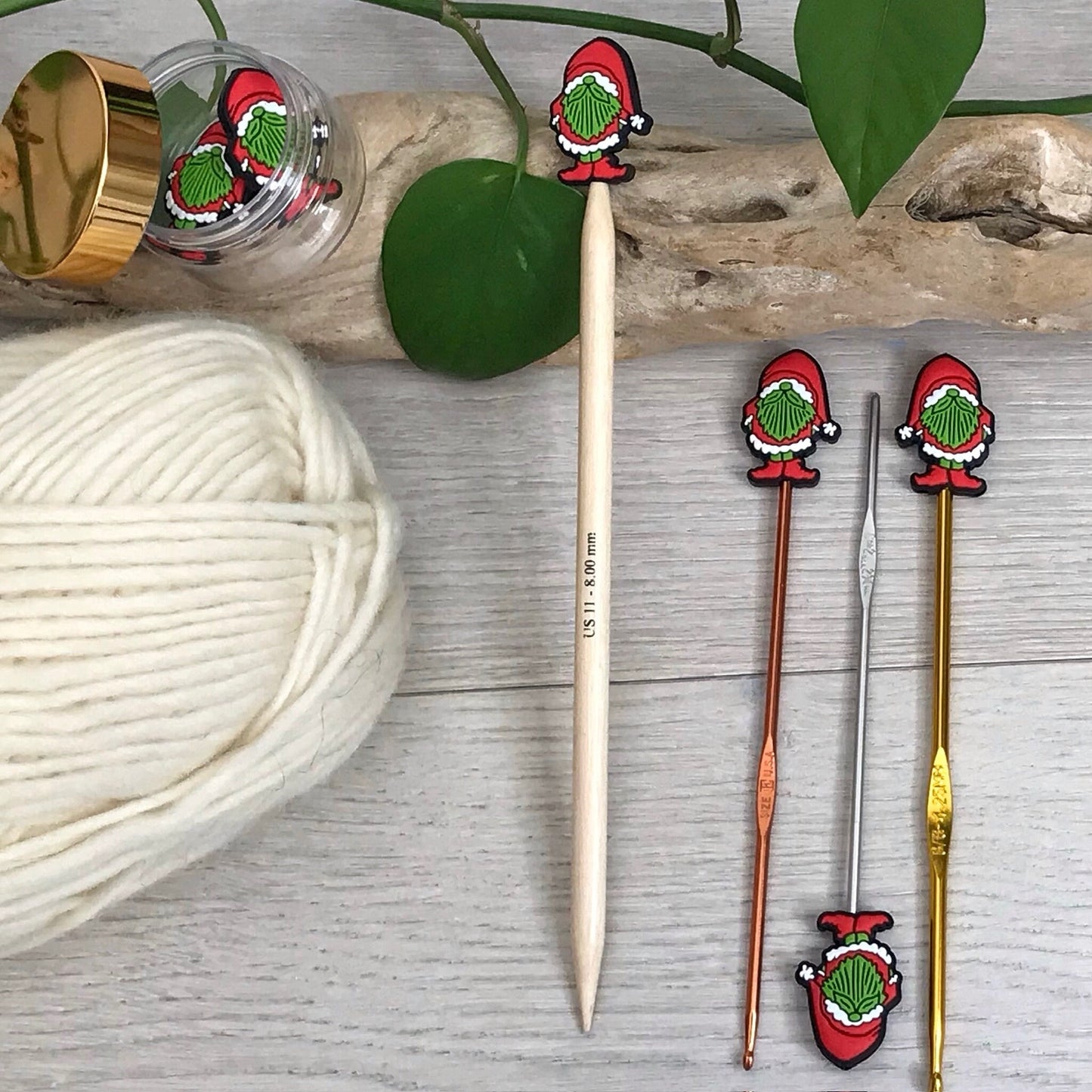 SANTA CHRISTMAS GNOME, set of 2 knitting needle stitch stoppers / crochet hook accessory, For knitter + crocheter, Festive elf + Santa hat