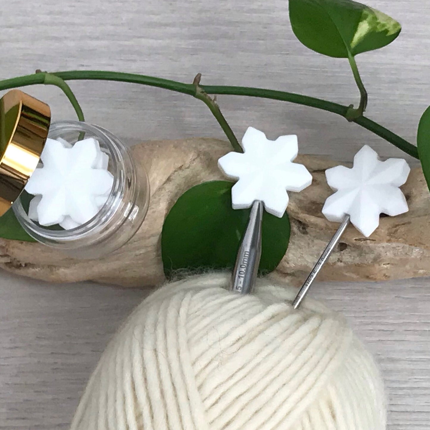 LET IT SNOW! Snow White, Ice Blue Set of 2 knitting needle stitch stoppers / crochet hook accessory, For knitter + crocheter, Winter Wonder
