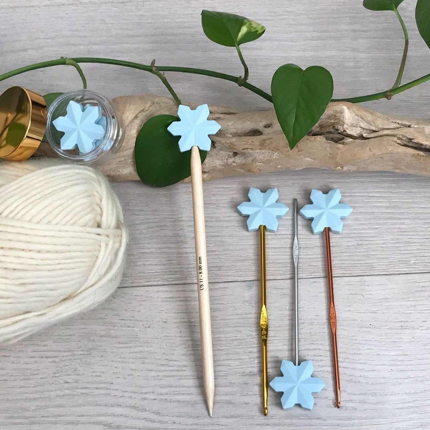 LET IT SNOW! Snow White, Ice Blue Set of 2 knitting needle stitch stoppers / crochet hook accessory, For knitter + crocheter, Winter Wonder