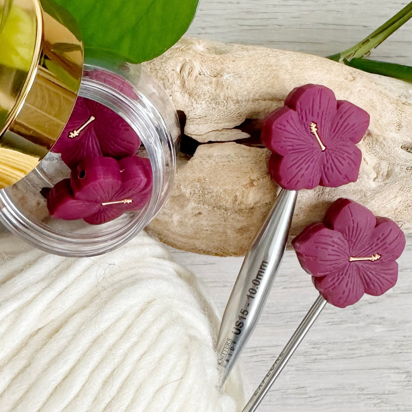 HIBISCUS BLOOM/ FLOWER, set of 2 knitting needle stitch stoppers, crochet hook accessory, For Knitters + crocheters, choose Burgundy or Pink