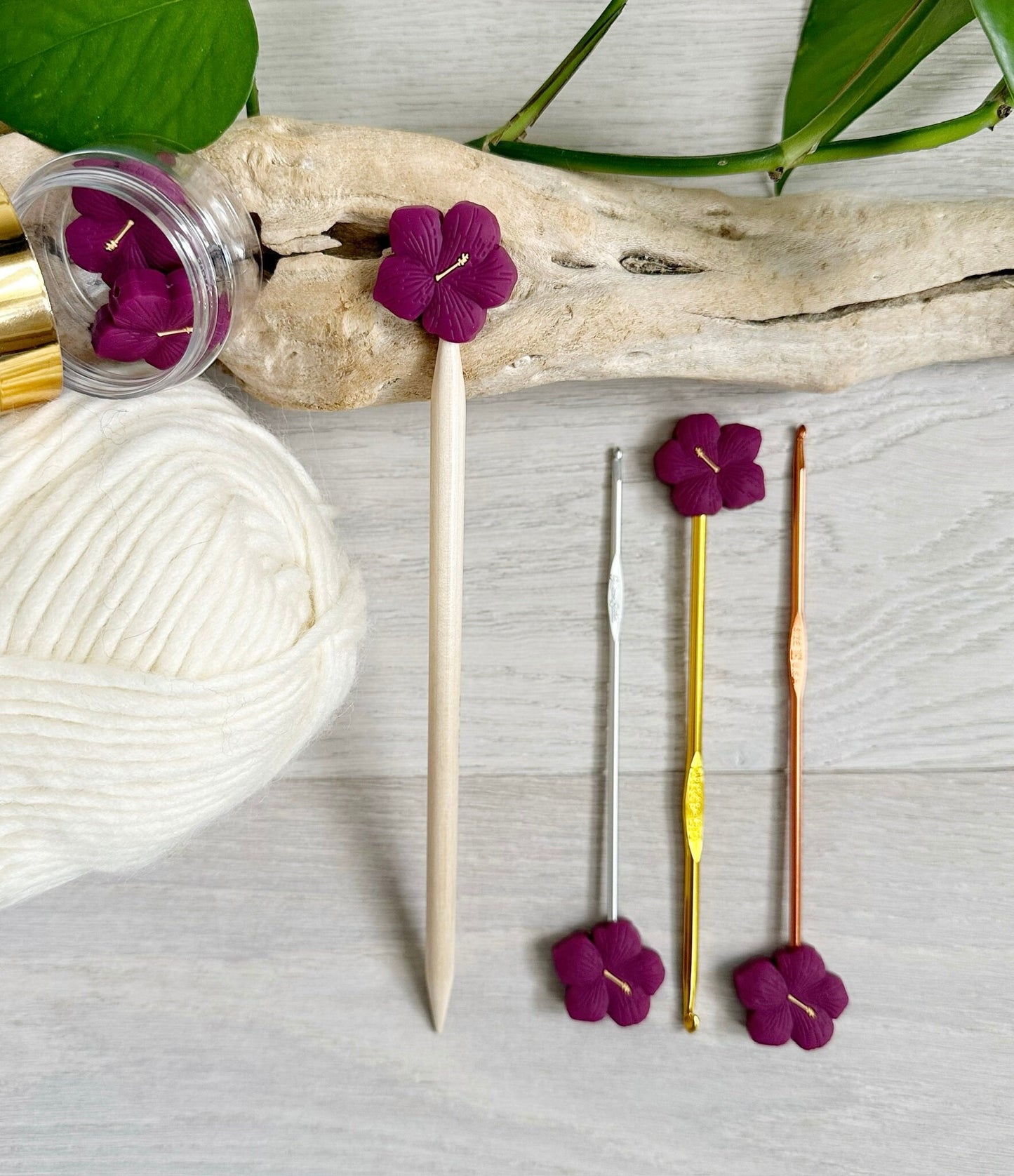 HIBISCUS BLOOM/ FLOWER, set of 2 knitting needle stitch stoppers, crochet hook accessory, For Knitters + crocheters, choose Burgundy or Pink