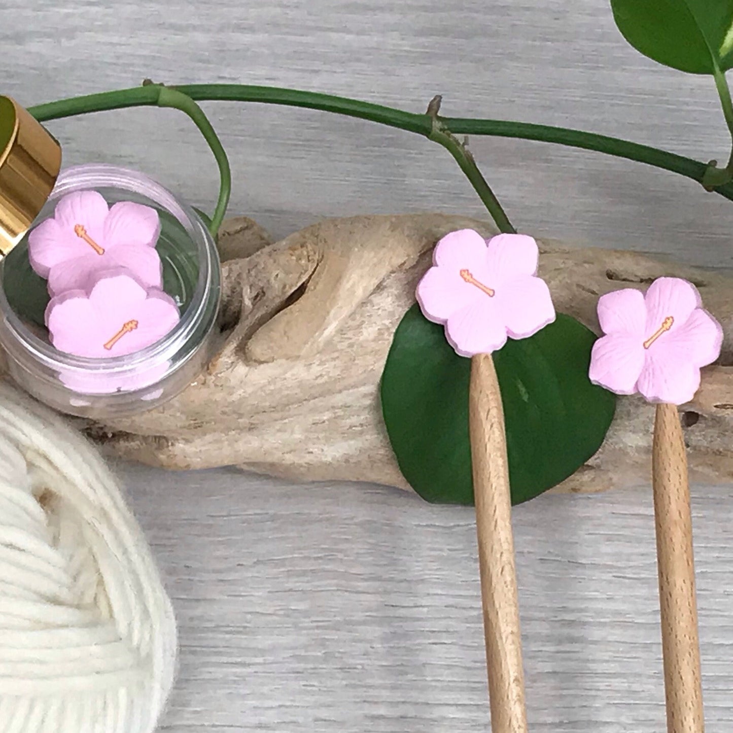 HIBISCUS BLOOM/ FLOWER, set of 2 knitting needle stitch stoppers, crochet hook accessory, For Knitters + crocheters, choose Burgundy or Pink