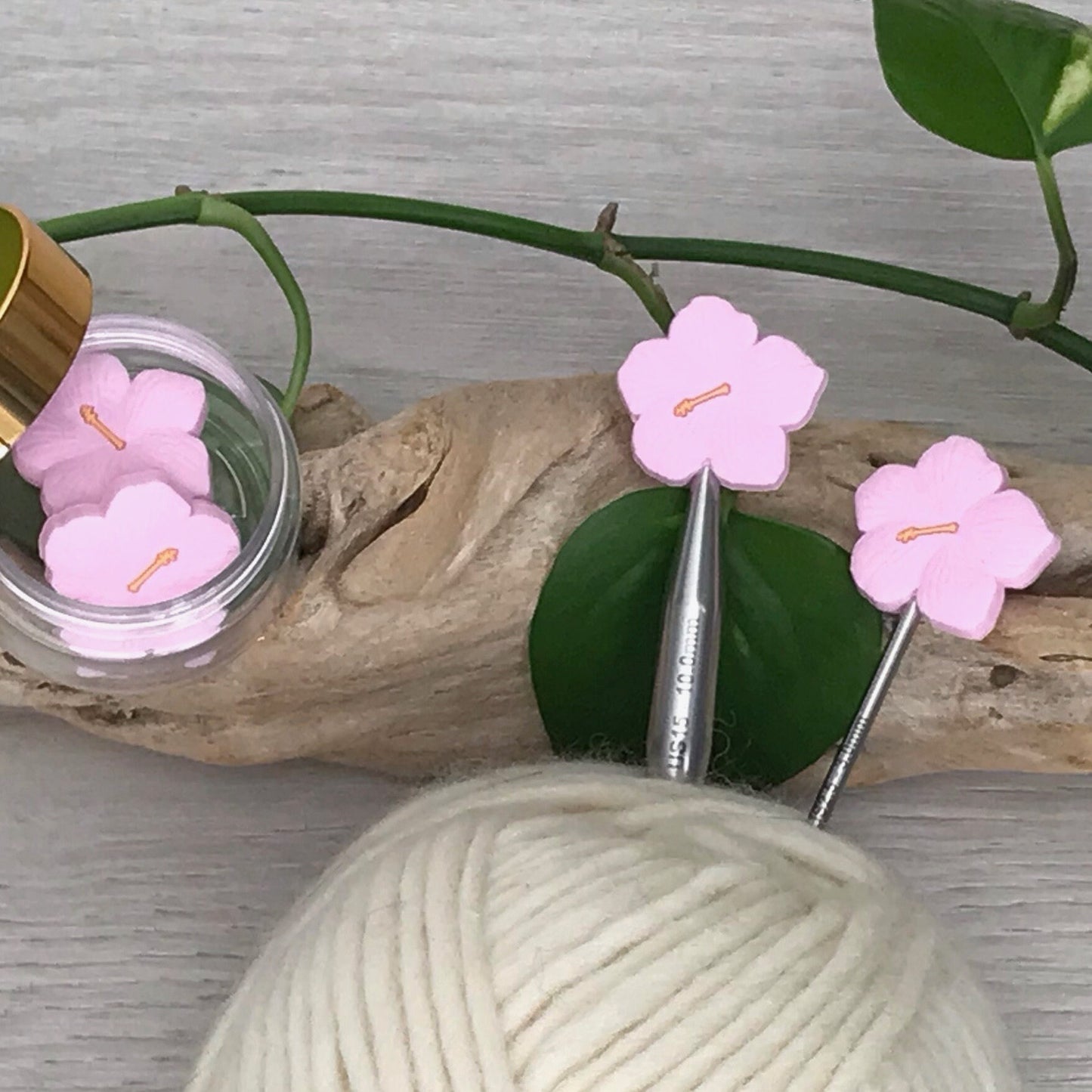 HIBISCUS BLOOM/ FLOWER, set of 2 knitting needle stitch stoppers, crochet hook accessory, For Knitters + crocheters, choose Burgundy or Pink