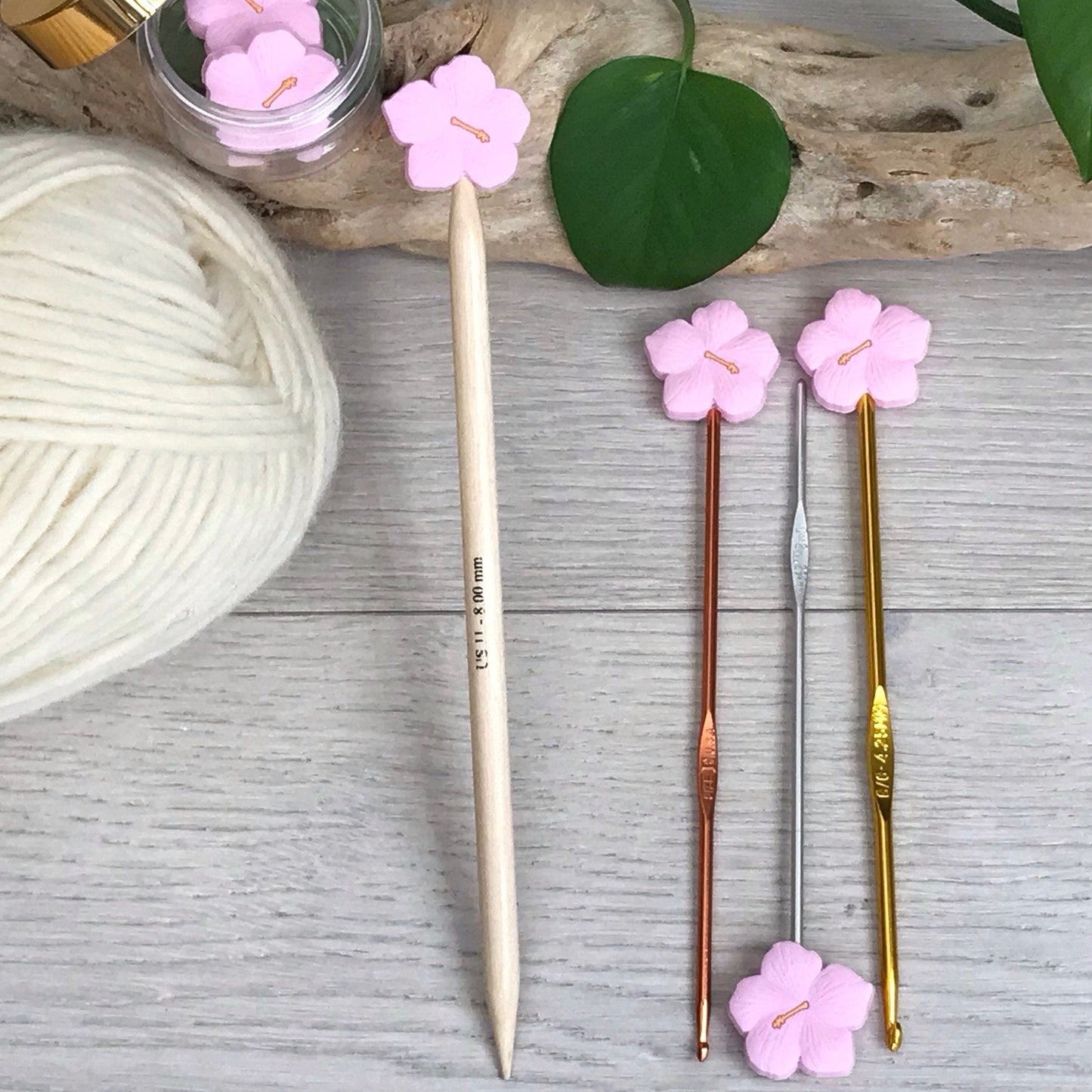 HIBISCUS BLOOM/ FLOWER, set of 2 knitting needle stitch stoppers, crochet hook accessory, For Knitters + crocheters, choose Burgundy or Pink
