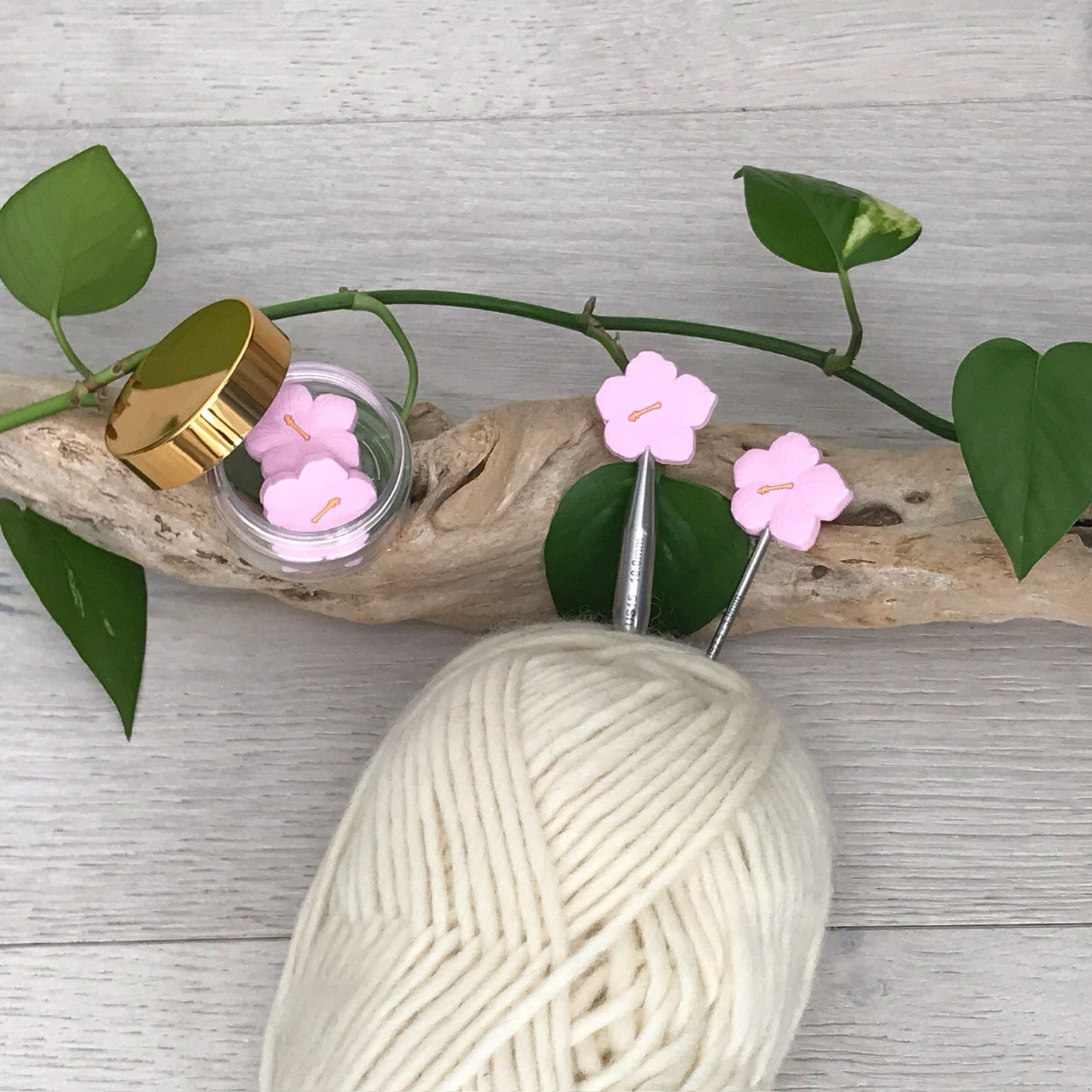 HIBISCUS BLOOM/ FLOWER, set of 2 knitting needle stitch stoppers, crochet hook accessory, For Knitters + crocheters, choose Burgundy or Pink