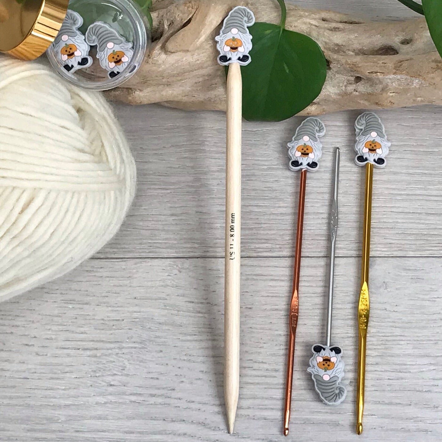 AUTUMN PUMPKIN GNOME, set of 2 knitting needle stitch stoppers / crochet hook accessory, For knitter + crocheter, Grey elf + Jack-o-lantern